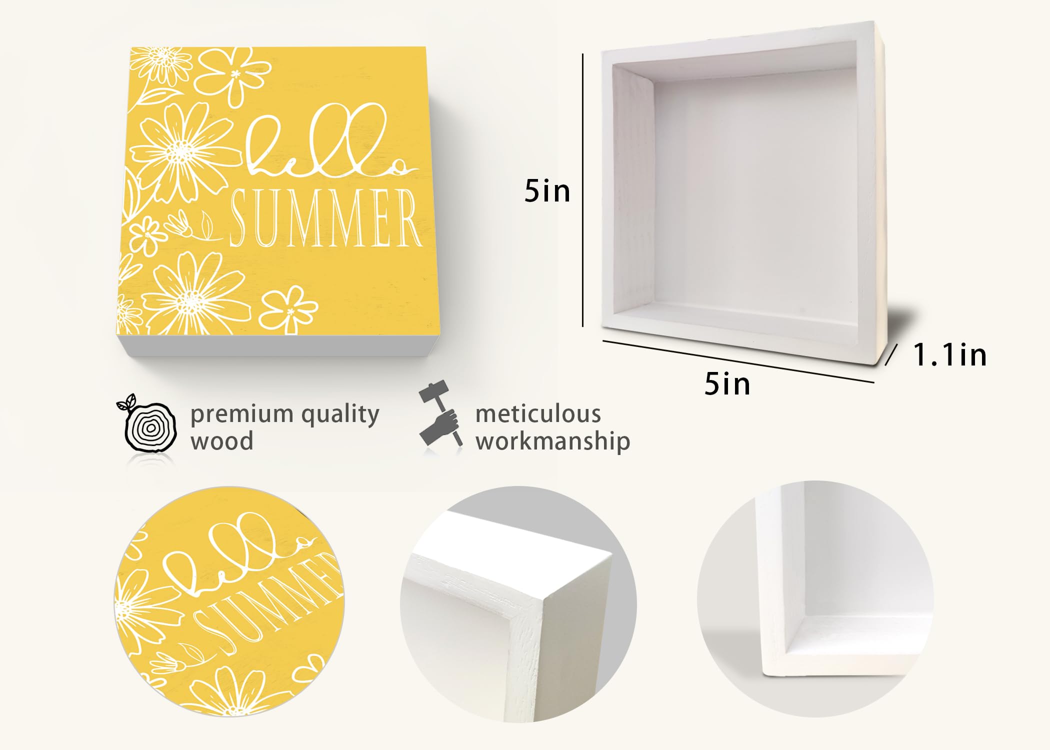 Yellow Wooden Box Sign - Summer Home Decor for Bathroom Shelf & Desk Accessories (5x5 Inch) - Perfect for Farmhouse, Beach House & Seasonal Decoration
