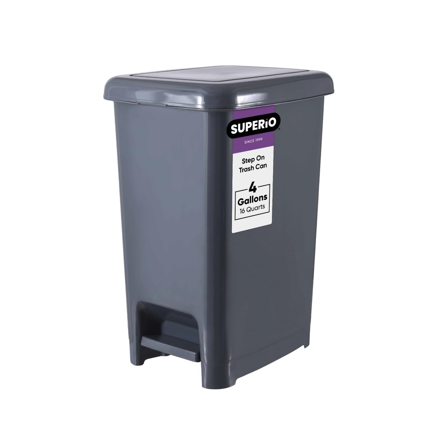 Superio 4 Gallon Slim Step-On Trash Can with Lid - Small Plastic Garbage Bin for Bathroom, Bedroom, Kitchen, Office, RV, Dorm & Patio - Hands-Free Foot Pedal Design - Onyx Grey - Perfect for Small Spaces & Hygienic Waste Disposal