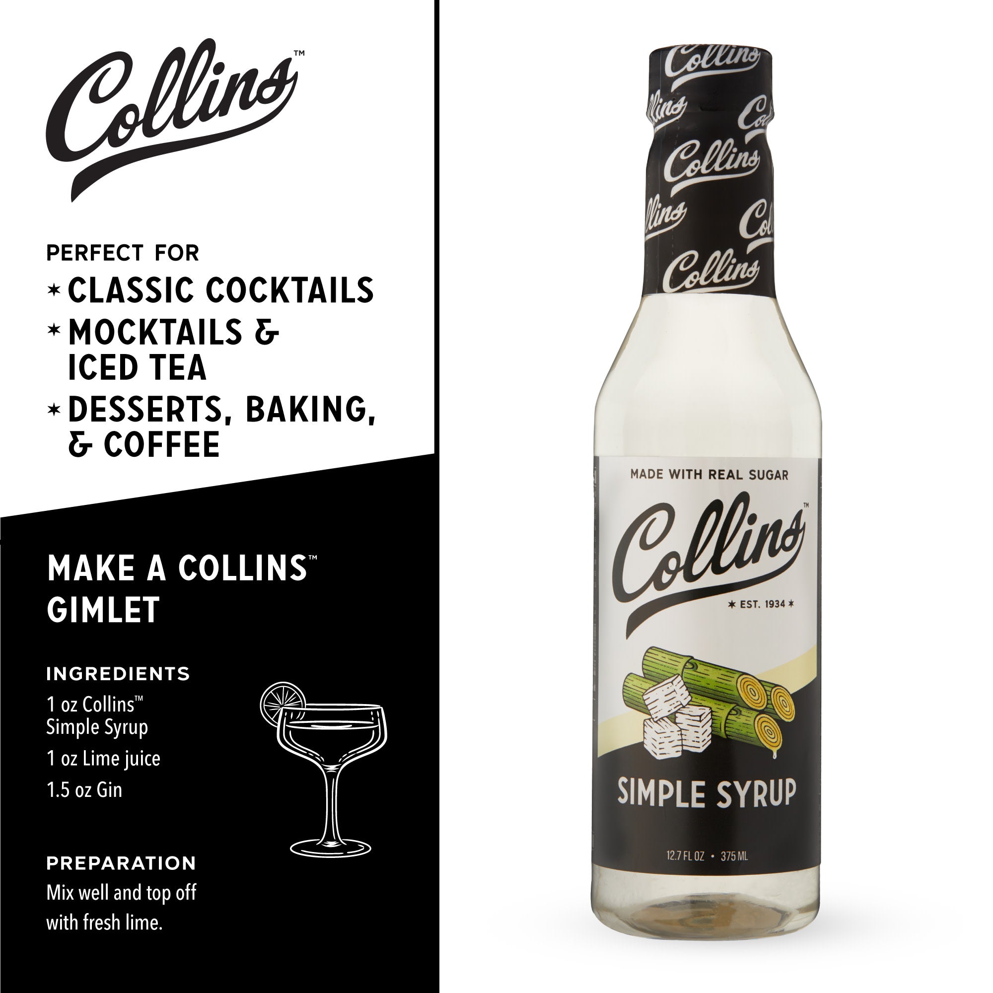 Premium Simple Syrup 12.7 oz (375ml) - Pure Cane Sugar Syrup for Cocktails, Coffee, Tea & Baking - Perfect for Bartenders, Baristas & Home Chefs