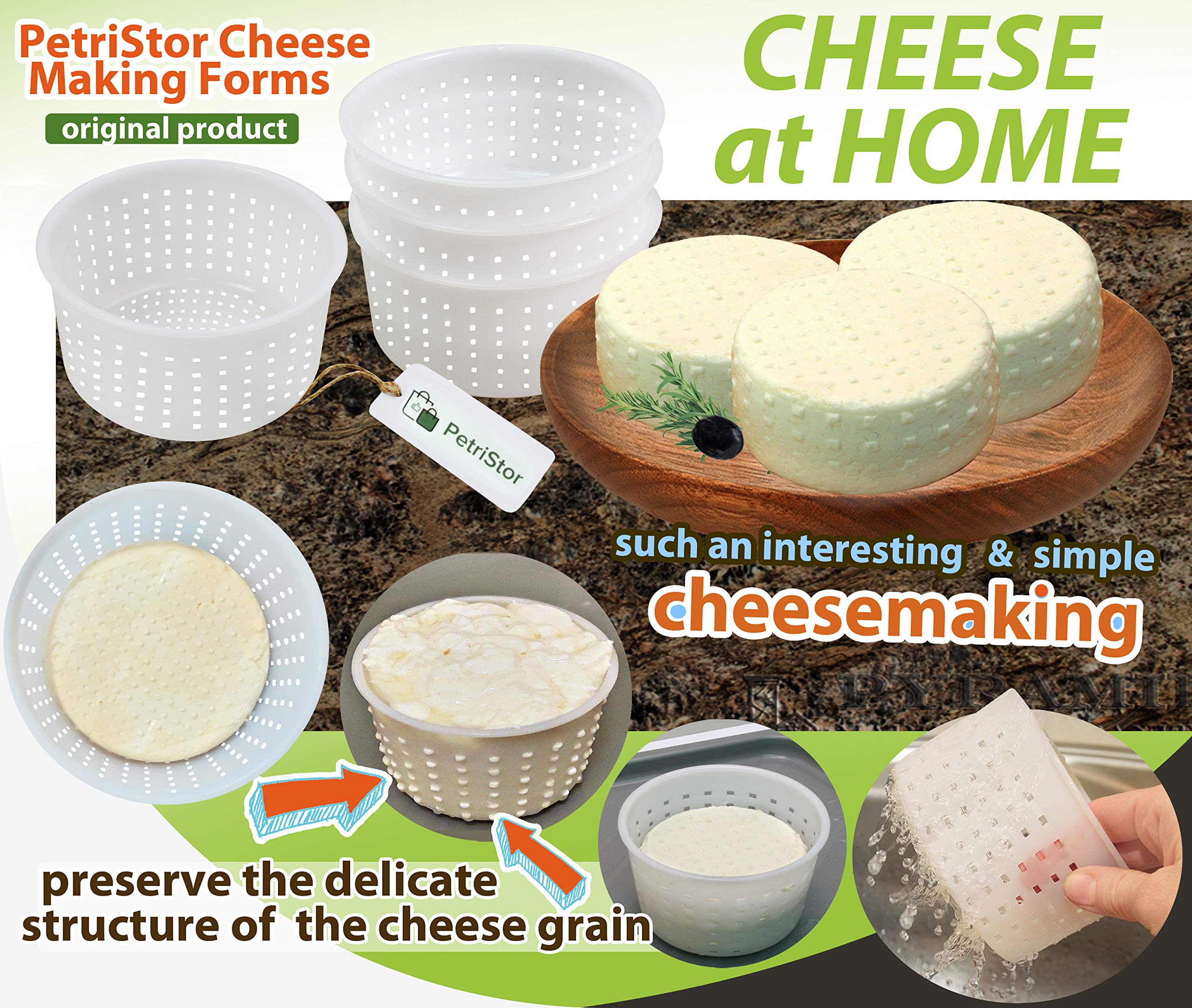 PetriStor 5-Piece Soft Cheese Mold Set for Homemade Cheese Making - 0.8QT Small Cheese Molds for Cream Cheese, Feta & Fresh Cheese - Perfect for DIY Cheese Lovers & Artisan Cheesemakers (Great for Home Kitchens & Small Dairy Farms)