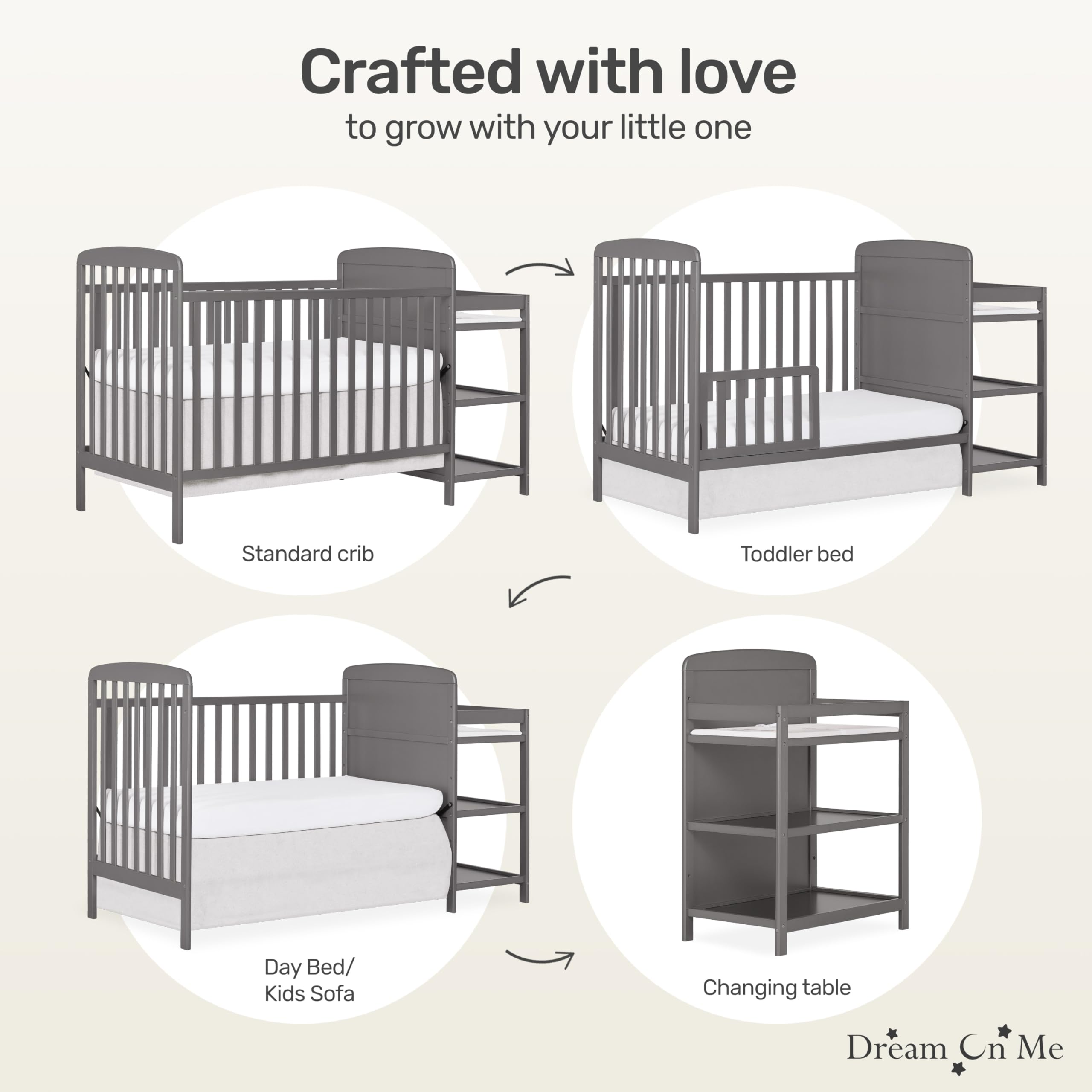 Dream On Me Anna 3-in-1 Convertible Crib with Changing Table - Steel Grey Nursery Furniture Set | GREENGUARD Gold Certified, Non-Toxic Finishes | Includes 1