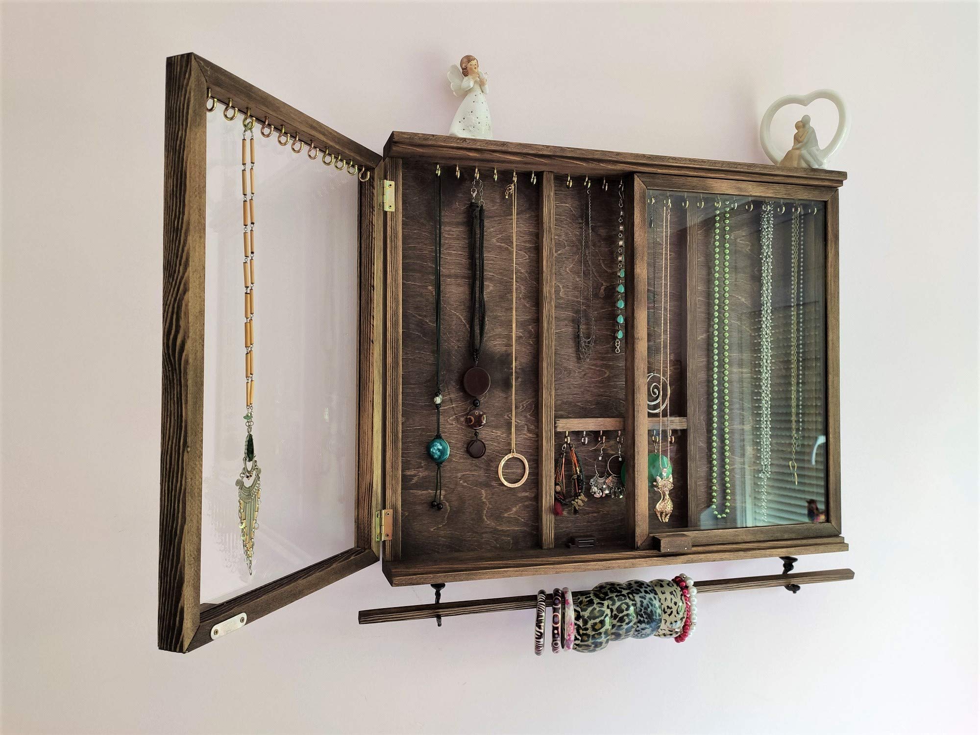 Large Solid Wood Jewelry Cabinet with Glass Door - Wall Mounted Earring Organizer & Necklace Display - Perfect for Bracelets, Rings & Jewelry Storage - Elegant Chocolate Finish - Ideal for Bedroom, Closet or Dressing Room Organization