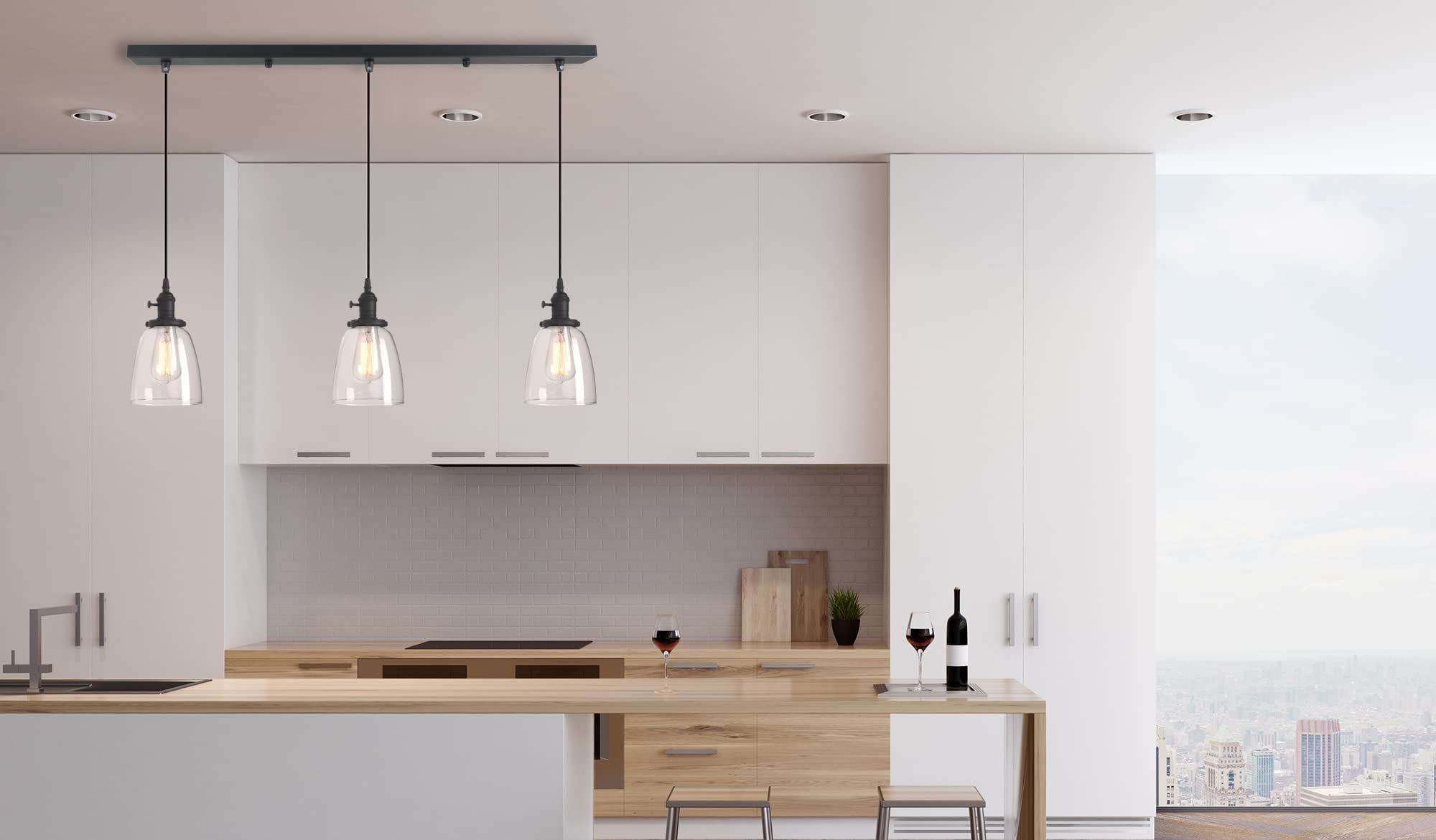Vintage Rustic Industrial 3-Light Kitchen Island Chandelier - Triple Head Pendant Ceiling Light Fixture with Clear Oval Glass Shade (Antique Bronze) - Perfect for Farmhouse, Loft & Industrial Style Dining Rooms, Kitchens & Living Spaces