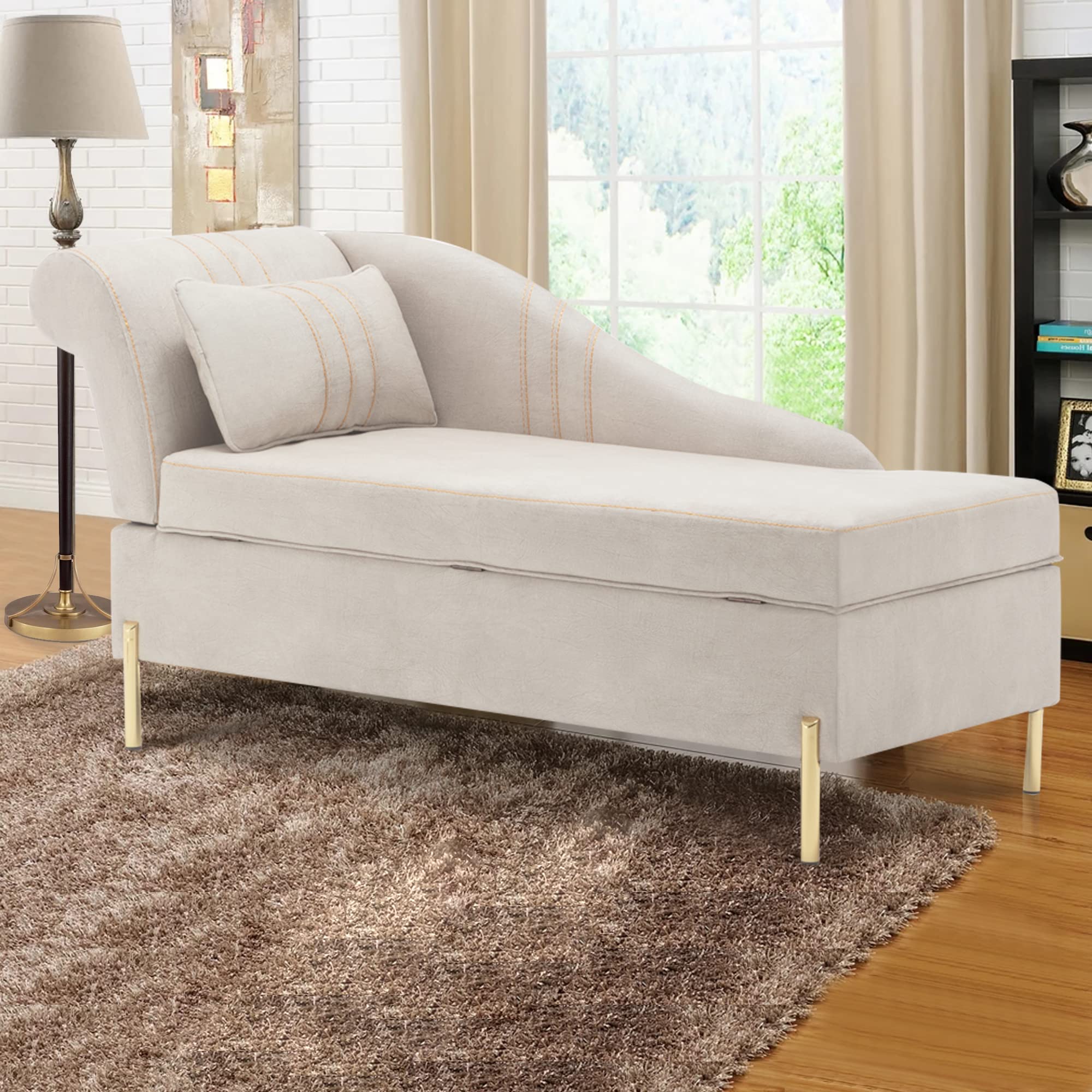 Upholstered Storage Chaise Lounge Sofa with Gold Metal Legs & Accent Pillow - Modern Living Room Bedroom Recliner Chair for Relaxing & Reading