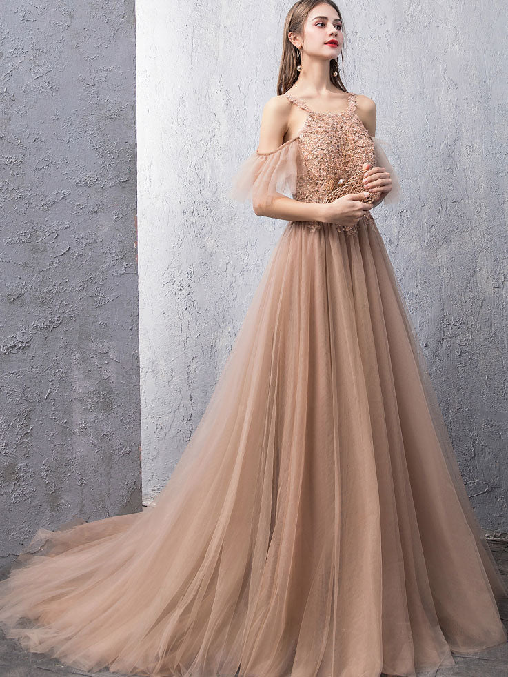 Elegant Champagne Tulle Lace Long Prom Dress & Evening Gown - Perfect for Homecoming, Formal Dances, Weddings, and Special Occasions