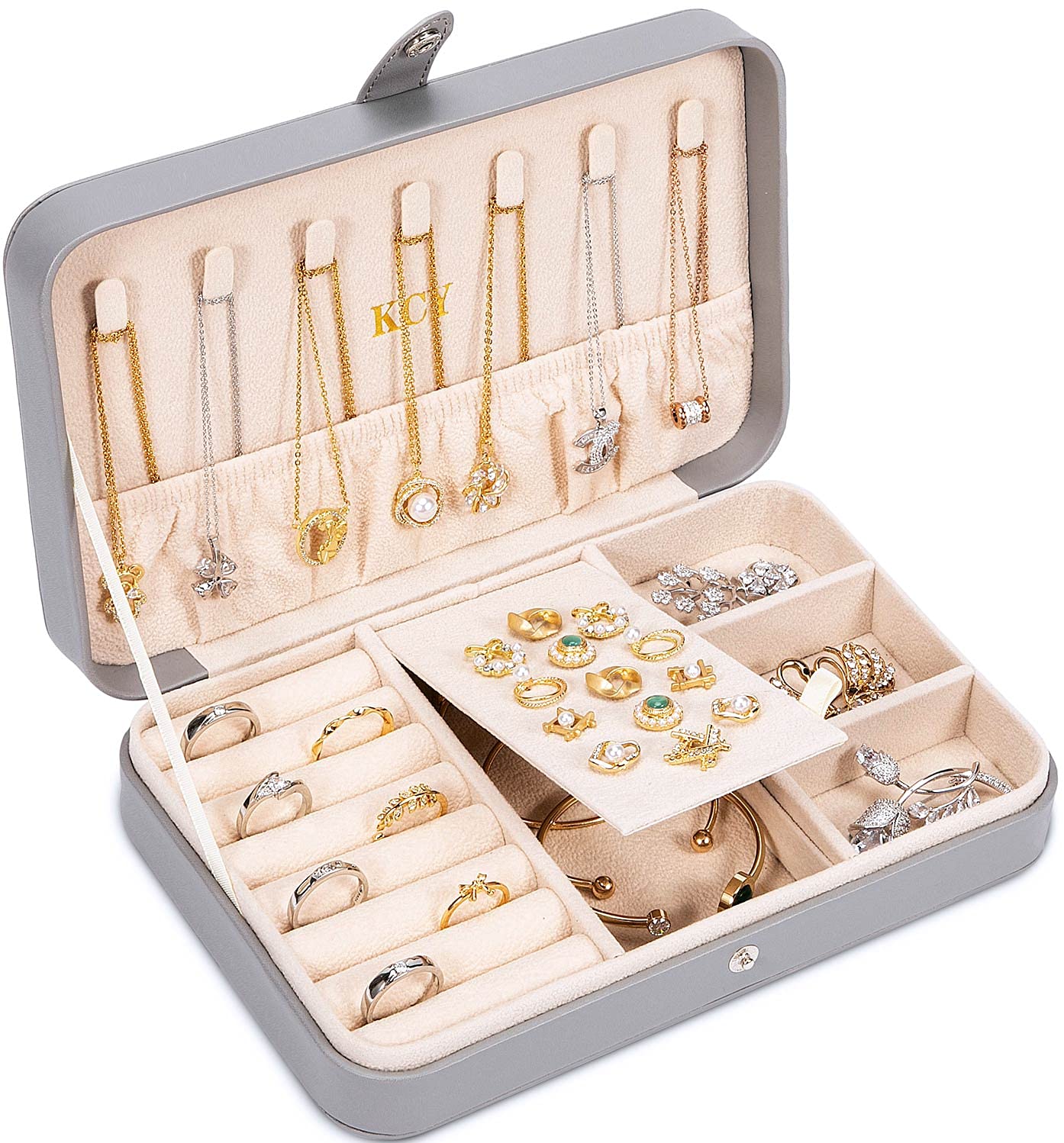 KCY Women's Travel Jewelry Organizer Box - PU Leather Portable Jewelry Case for Earrings, Necklaces, Rings & Bracelets - Compact Jewelry Storage Display Holder - Perfect Gift for Women & Girls (Grey) - Ideal for Travel, Home Organization & Daily Jewelry Protection