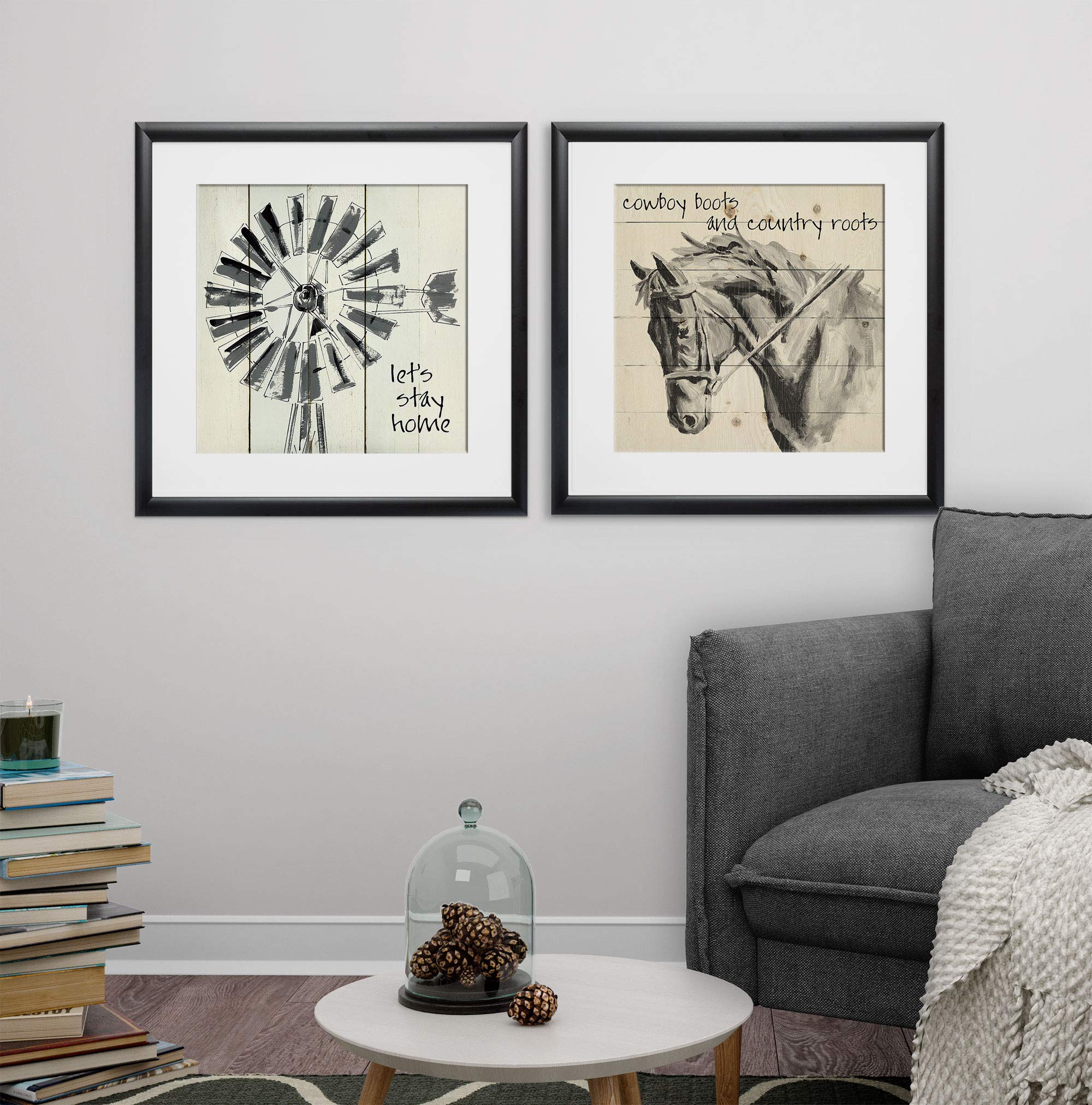 Wexford Home Let's Stay Home - 2 Piece Set Black Wall Art Prints 16x16 Inches for Living Room, Bedroom & Office Decor