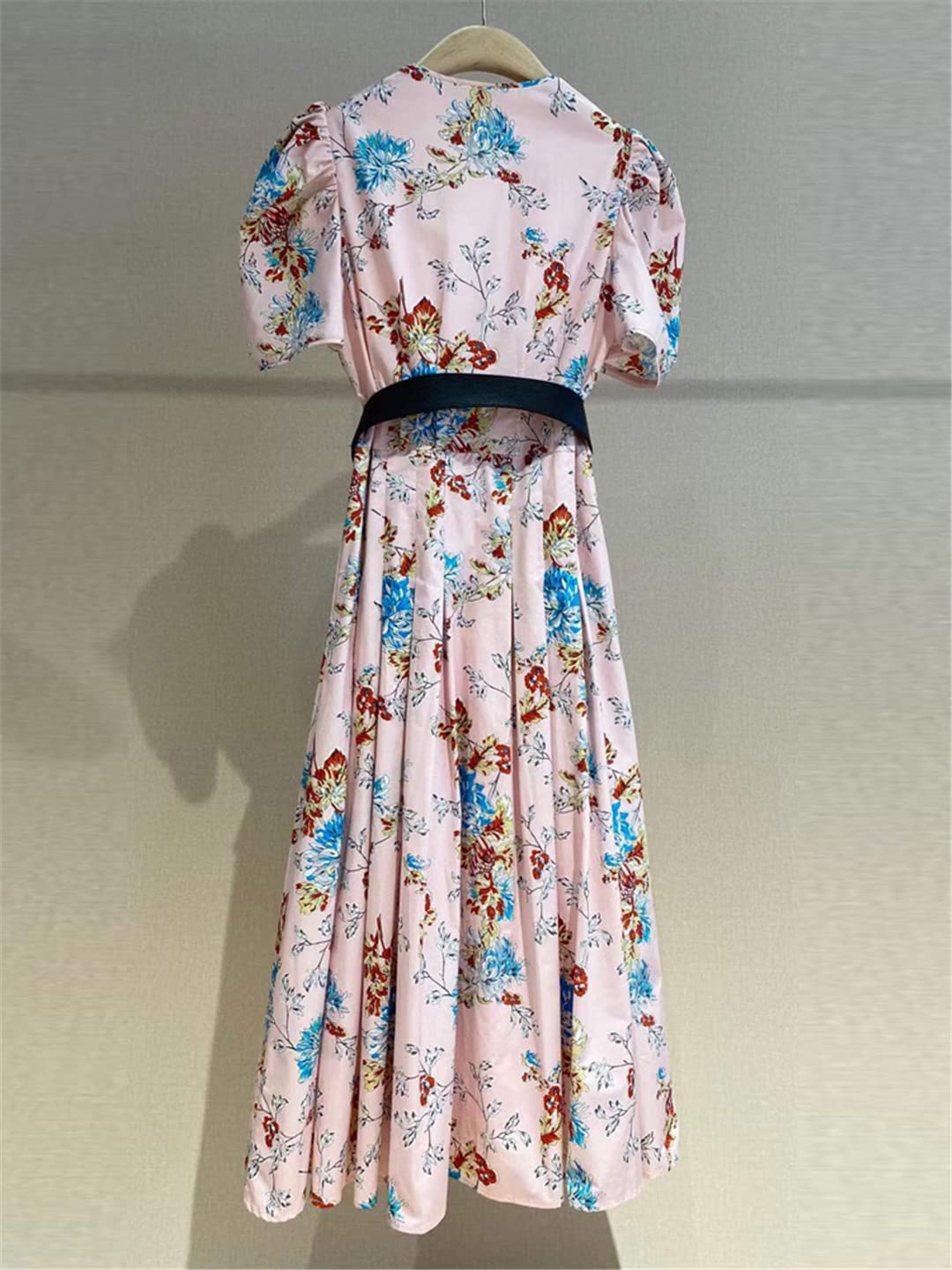 100% Cotton Women's Summer Dress 2023 - Designer Fashion Puff Sleeve V-Neck Floral Print Midi Belt Party Dress for Beach Vacation, Wedding Guest & Casual Outings
