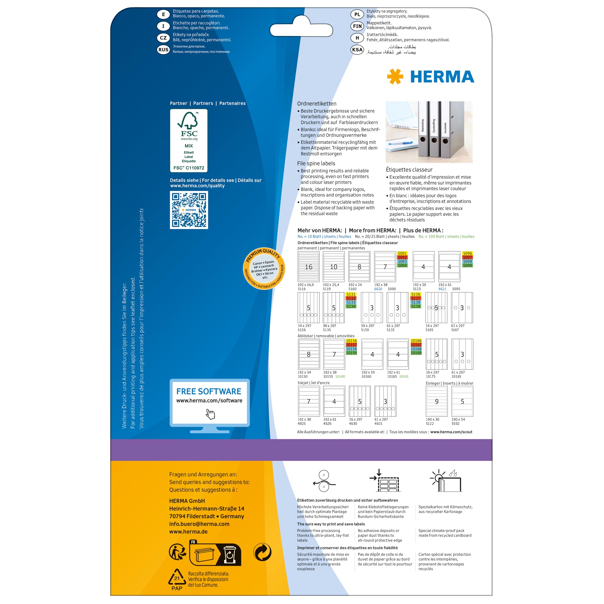 HERMA Self Adhesive Spine Labels - 125 Blank White Labels (5 per A4 Sheet, 25 Sheets) 38x297mm - Compatible with Laser & Inkjet Printers - Perfect for Lever Arch File Folders, Document Organization & Office Filing Systems