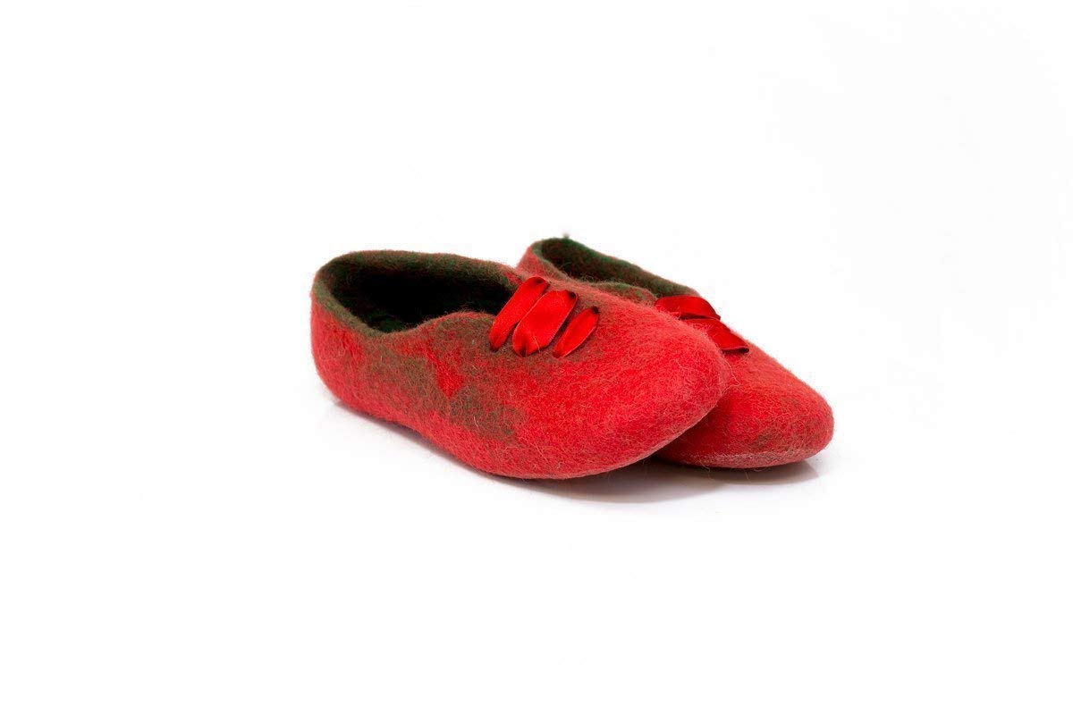 Handmade Wool Slippers with Red Silk Laces - Cozy Winter House Shoes for Women | Perfect Mother's Day Gift for Her | Warm Indoor/Outdoor Comfort for Home, Office & Travel