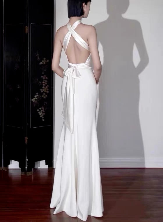 Elegant White Satin Halter A-Line Wedding Dress | Long Evening Prom Gown J3635 | Perfect for Bridal, Formal Events & Special Occasions