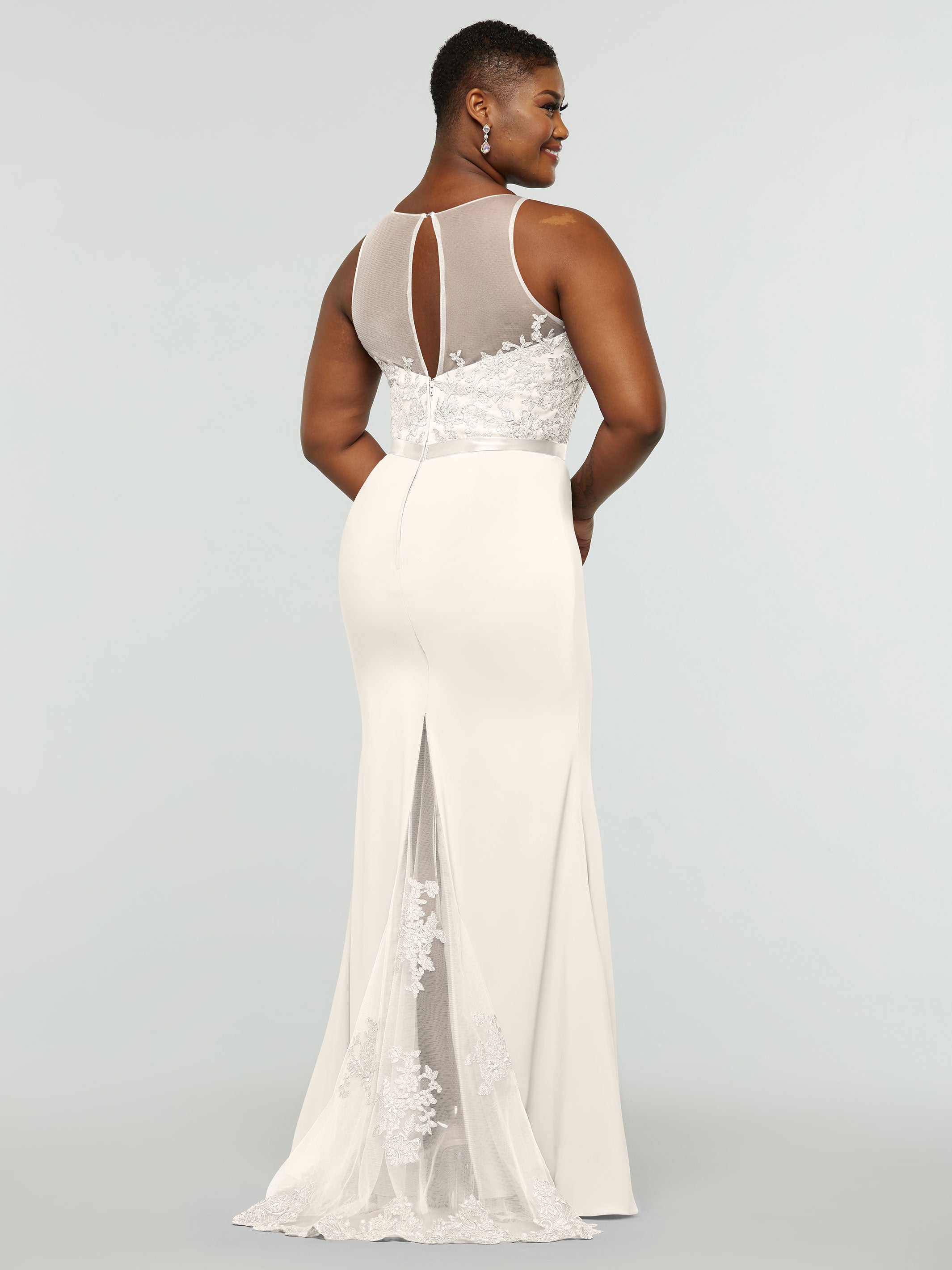 Elegant 80095 Stretch Chiffon Fit and Flare Bridesmaid Dress with Lace Illusion Bodice - Perfect for Weddings, Formal Events & Special Occasions