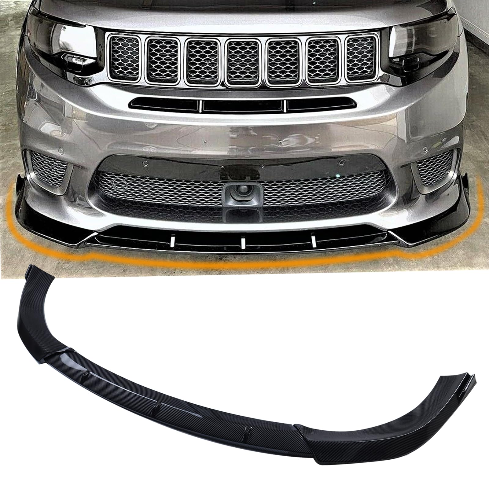 Glossy Carbon Fiber Front Bumper Lip Spoiler for 2014-2021 Jeep Grand Cherokee SRT & 2018-2021 Trackhawk - Splitter Wing Body Kit Air Dam Accessories - Perfect for Off-Roading & Car Shows
