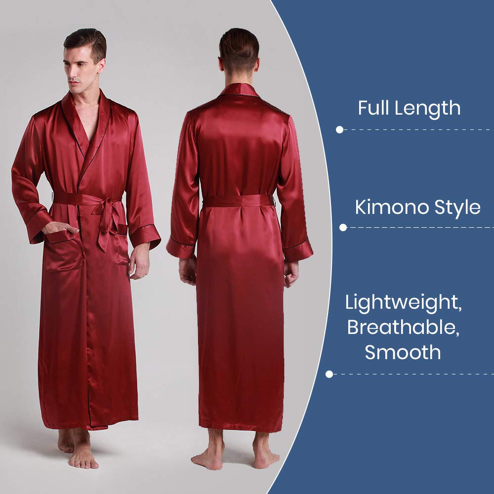 Luxury 100% Silk Men's Robe - Full Length Bathrobe with Contrast Trim for Spa, Lounge & Home Relaxation