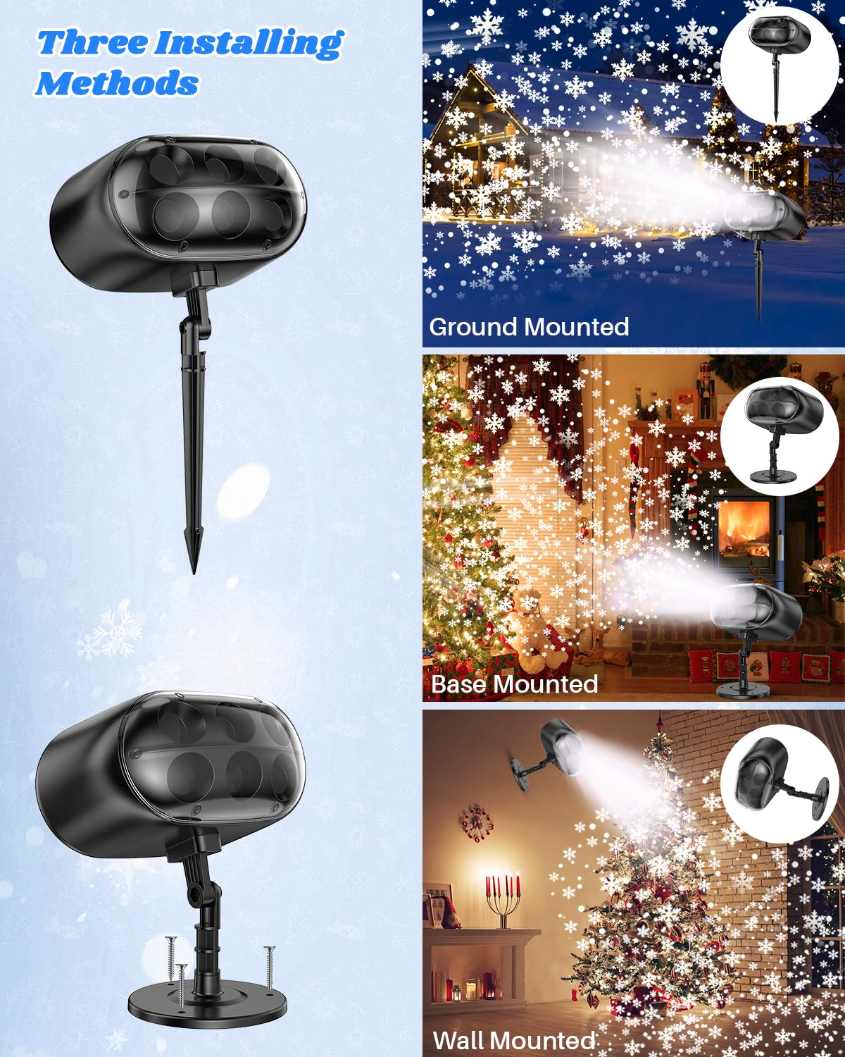 Christmas Snowflake Projector Lights Outdoor - Adjustable Dynamic Snow Light Show with Remote Control, 270° Rotating Outdoor Snow Falling Projector Lamp for Holiday Decorations, Yard, Garden, and Party Events