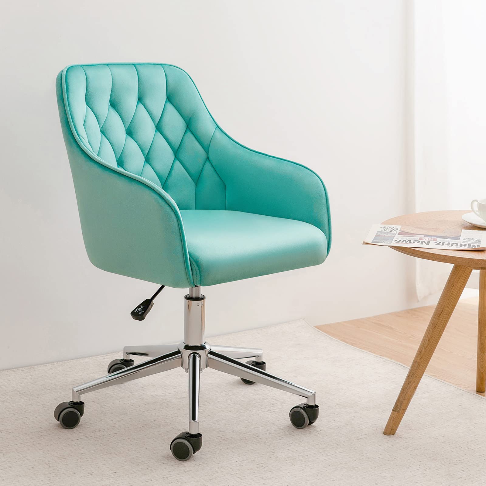 VANSPACE Velvet Adjustable Swivel Desk Chair with Wheels - Green Home Office Chair for Makeup Vanity, Bedroom & Study Room | Comfortable Rolling Chair for Work, Gaming & Beauty Station
