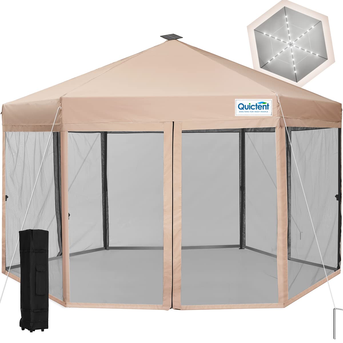 Quictent 13'x13' Hexagonal Pop Up Gazebo Tent with Mosquito Net & LED Lights - Easy Setup Screened Canopy for Outdoor Patio, Backyard, Camping, Picnics, and Beach Parties (Beige)