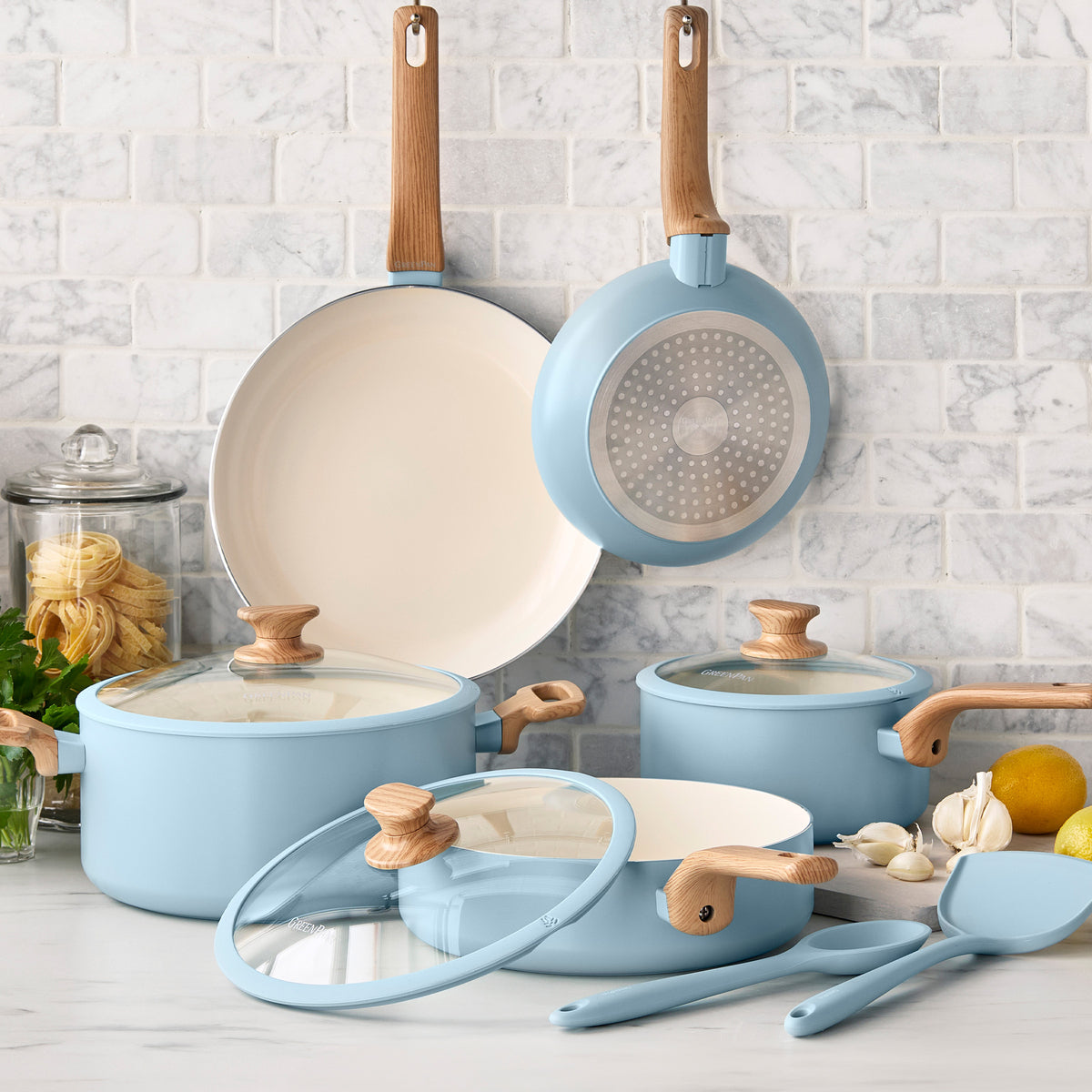 Essence Ceramic Nonstick 10-Piece Cookware Set - Blue Haze | PFOA-Free, Dishwasher Safe Pots & Pans for Healthy Cooking | Perfect for Frying, Sautéing, Boiling & Serving Family Meals
