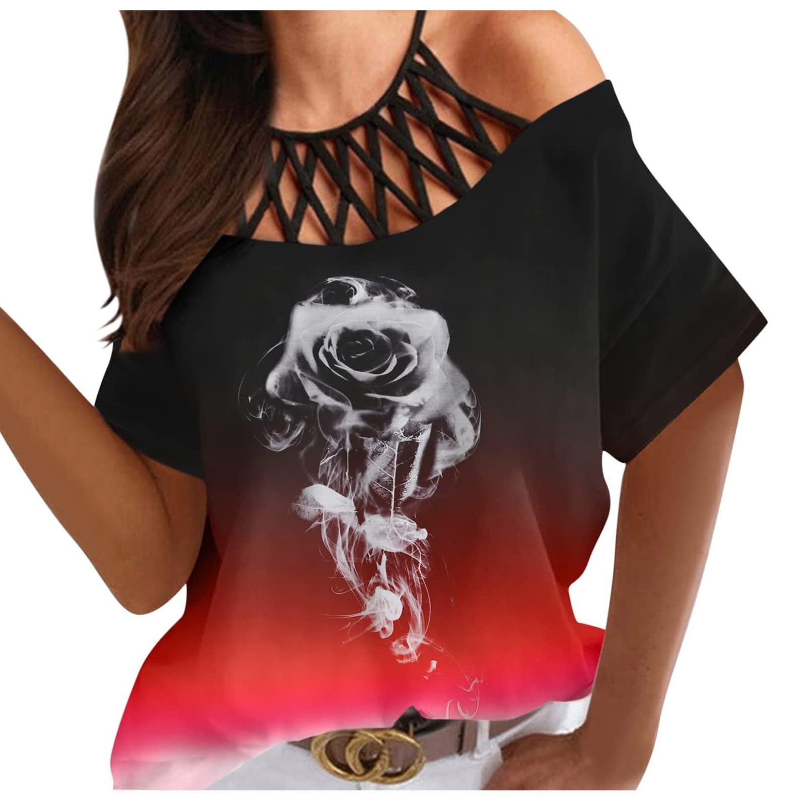 Stylish Women's Summer Halter Tops - Floral Rose Graphic Tee Shirts, Short Sleeve Loose Blouse for Casual Wear | Perfect for Beach Outings, Picnics & Summer Vacations