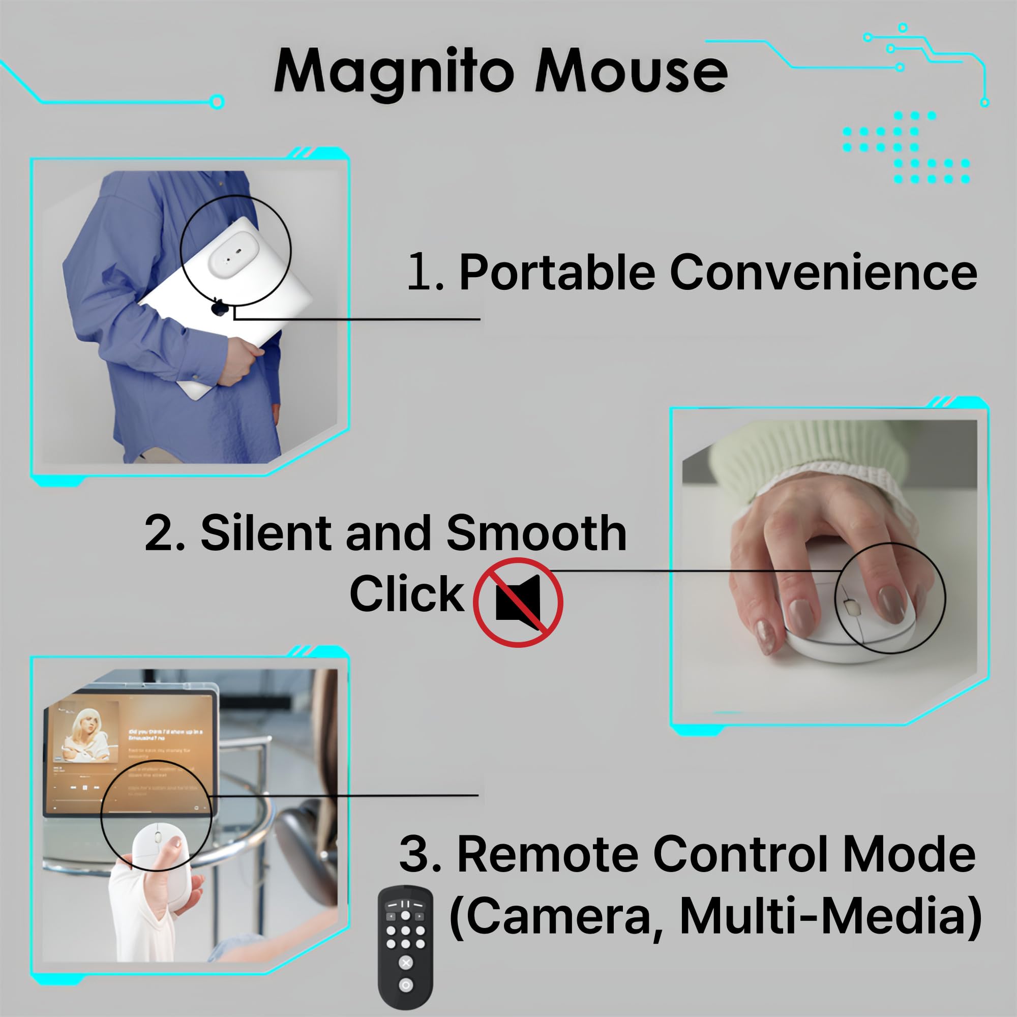 Magneto Wireless Mouse - Compact Bluetooth Mouse for MacBook, iPad, Laptop | Magnetic Attachment, Silent Clicks | Compatible with Windows, Mac, Linux, Chrome OS | Perfect for Travel, Office & Home Use (Silver)