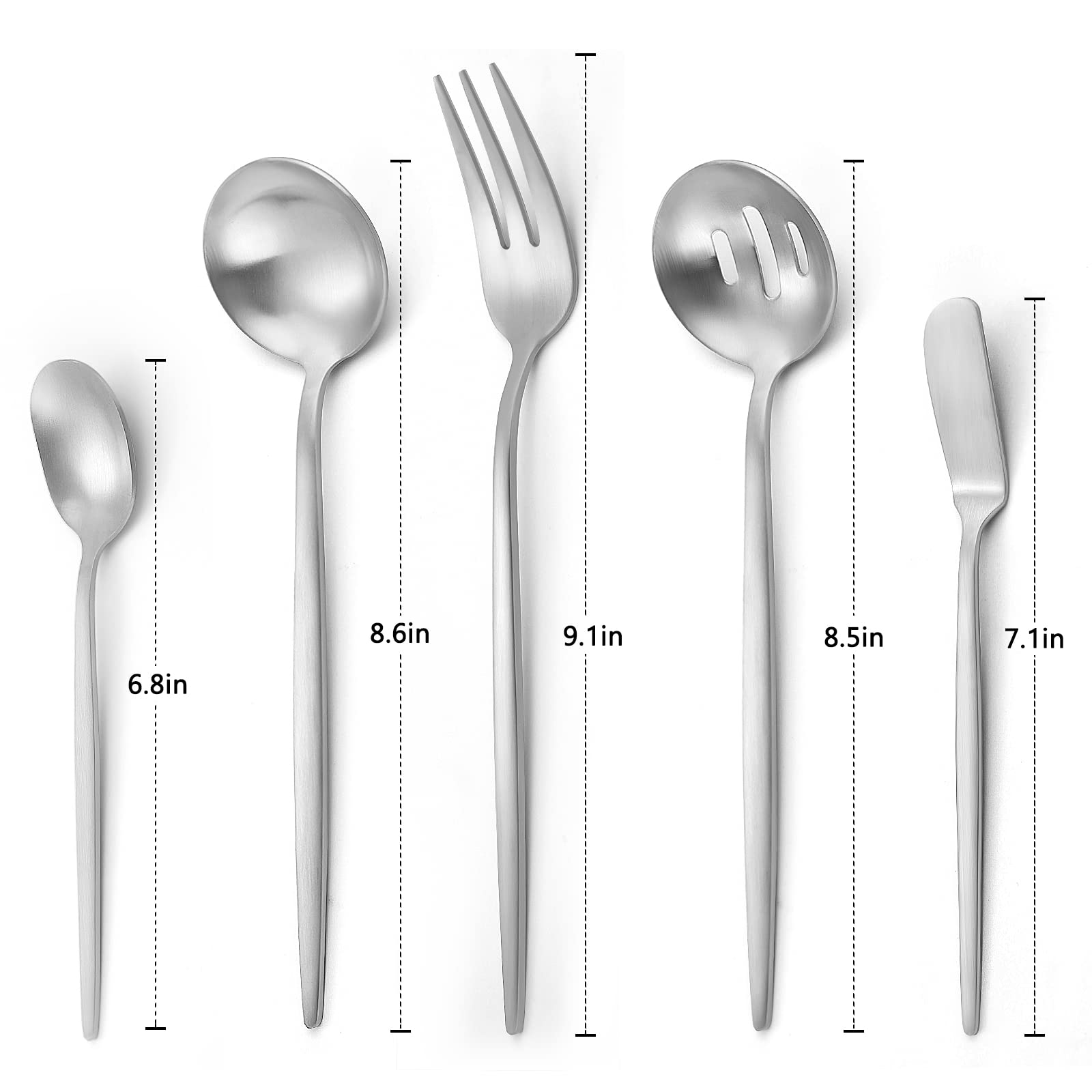5-Piece Matte Stainless Steel Serving Utensil Set - Round Hostess Flatware with Satin Finish (Dishwasher Safe) - Perfect for Dinner Parties, Buffets & Catering Events