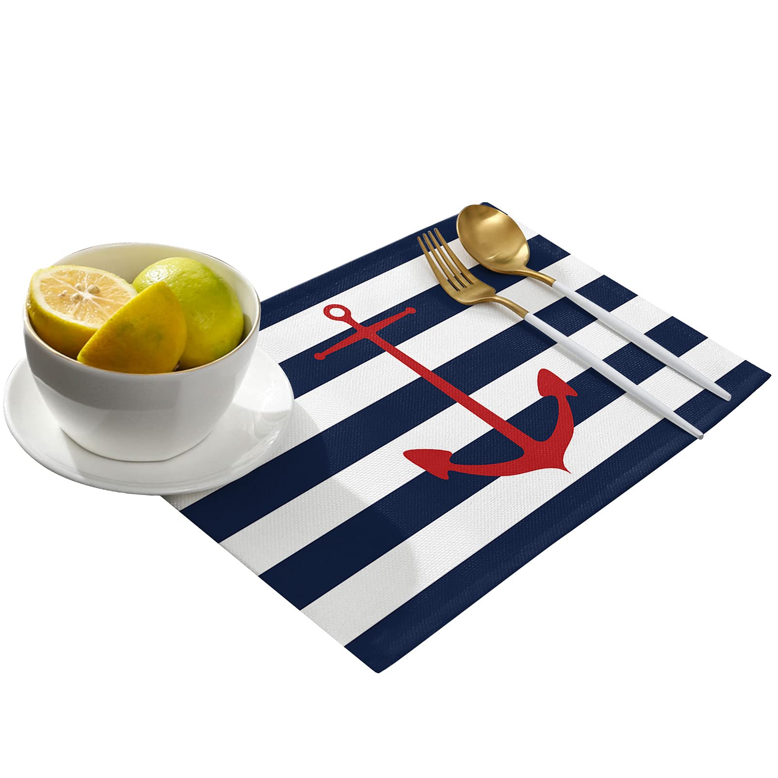 6-Piece Nautical Anchor & Navy Blue Stripes Placemats Set - Waterproof & Wipeable Table Mats for Dining & Kitchen - Perfect for Beach House, Coastal Decor & Everyday Meals