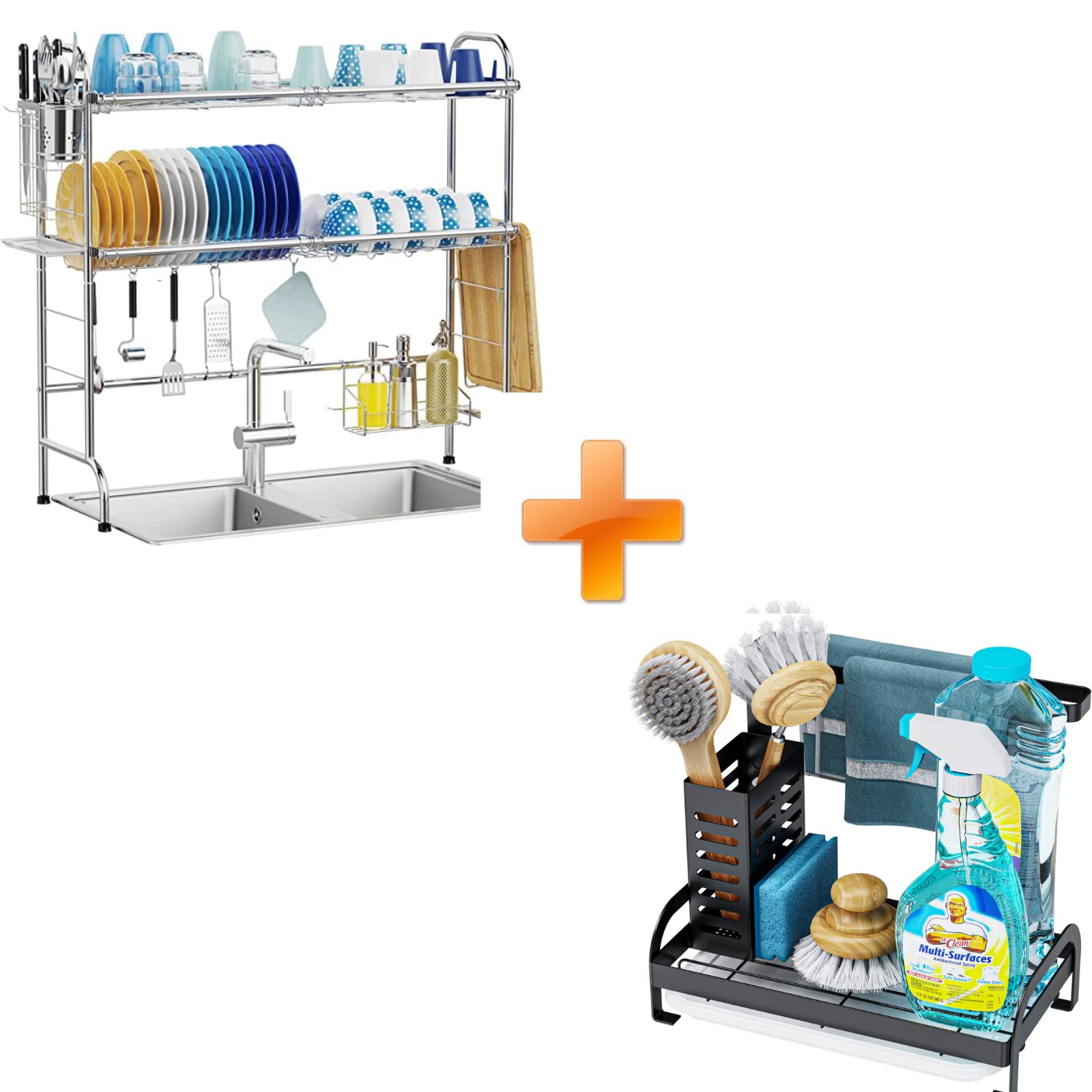 iSPECLE 2-Tier Stainless Steel Over Sink Dish Drying Rack with Drain Pan - Kitchen Sponge & Dish Rag Holder - Space Saving Sink Caddy Organizer (2 Pack) - Perfect for Small Kitchens & Apartments