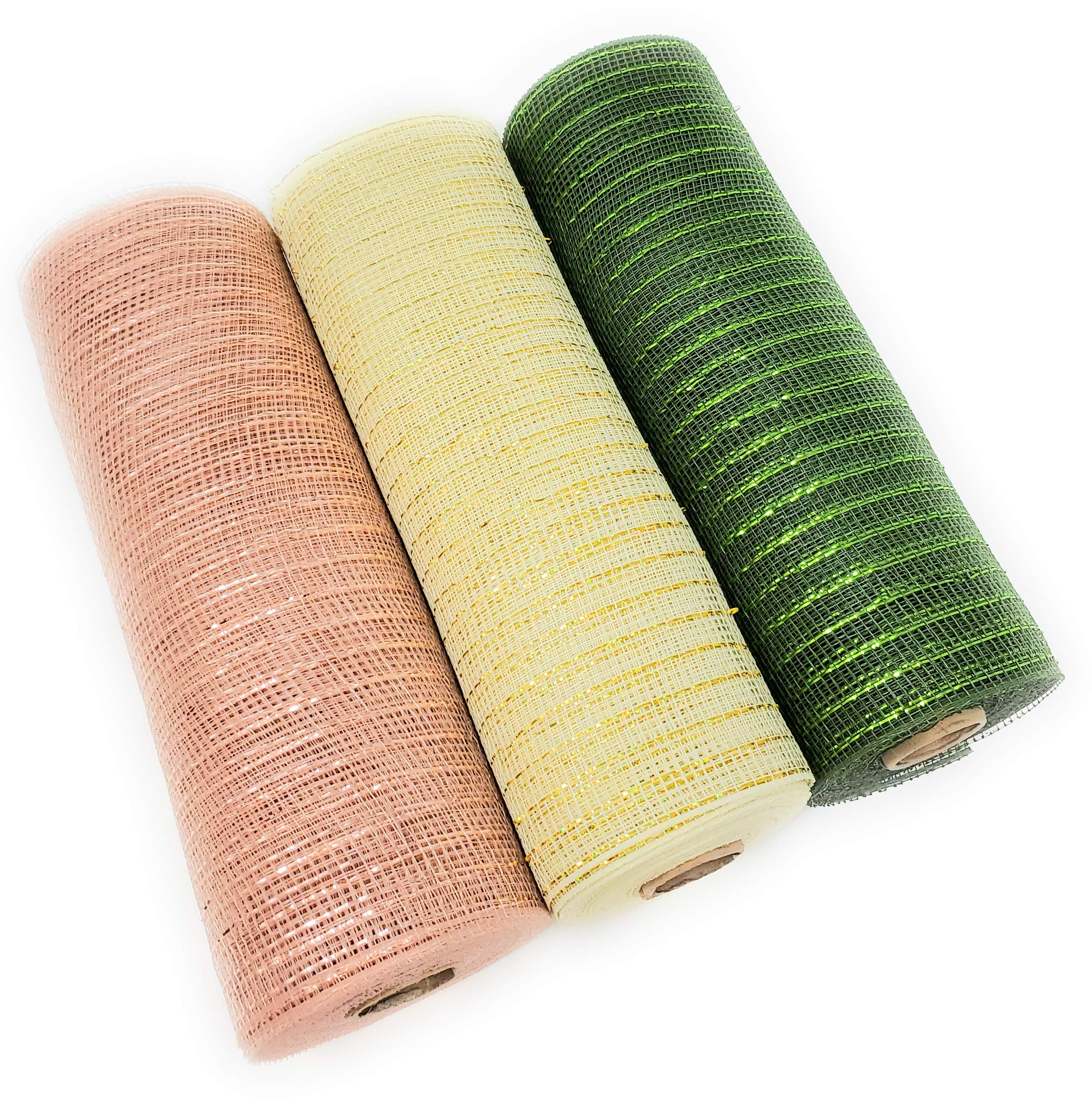10in x 10yd Elegant Rose Gold Deco Mesh Metallic Ribbon Rolls - Rose Gold, Cream, Moss Green for Gift Wrapping, Wedding Decor & DIY Crafts