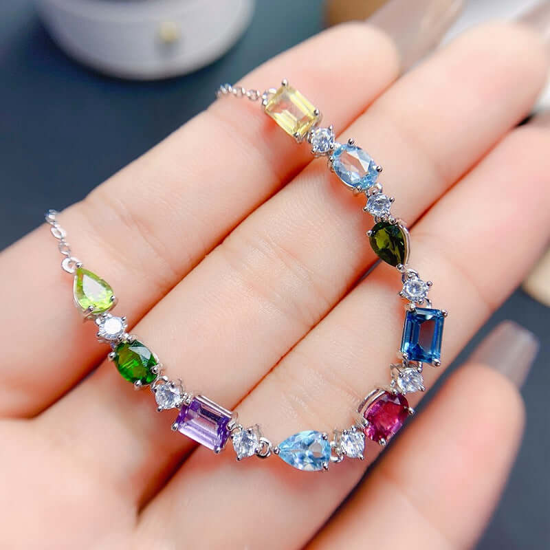 Amethyst Topaz Birthstone Bracelet & Peridot Chain Bracelet - Elegant Gemstone Jewelry for Women | Perfect for Birthday Gifts, Anniversary Presents & Everyday Wear | FME B085