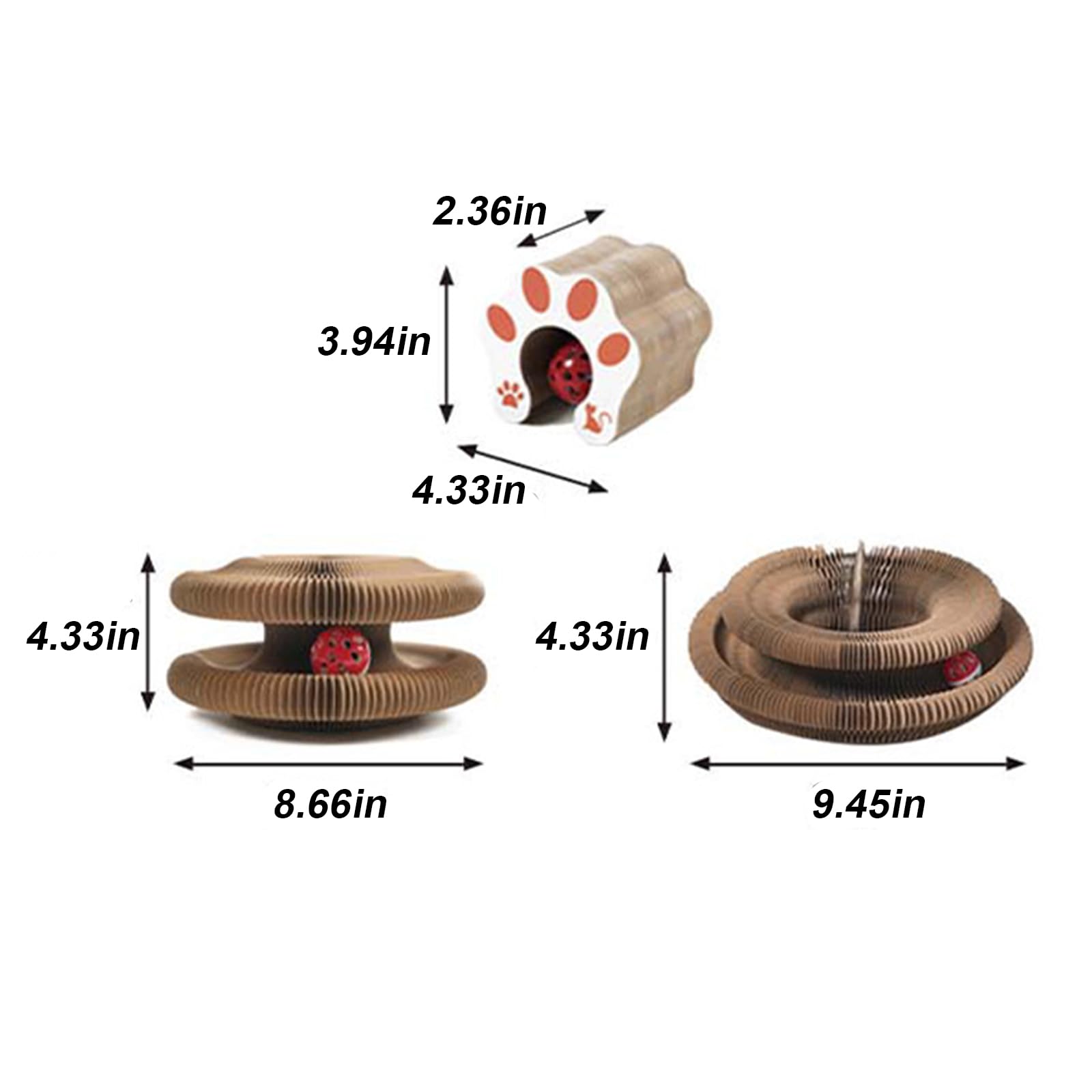 FOTN Kitty Kurlz Interactive Cat Toy with Bell Ball - Foldable Accordion Shape Cardboard Scratcher for Indoor Cats - Anxiety Relief & Exercise Toy - Perfect for Playtime, Training & Stress Relief (1PC)