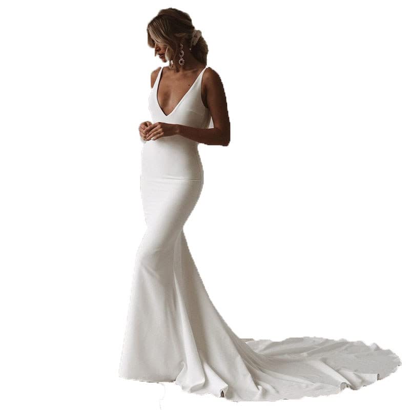 Satin V-Neck Mermaid Wedding Dress for Women – Elegant Bridal Gown for Beach, Church & Formal Ceremonies