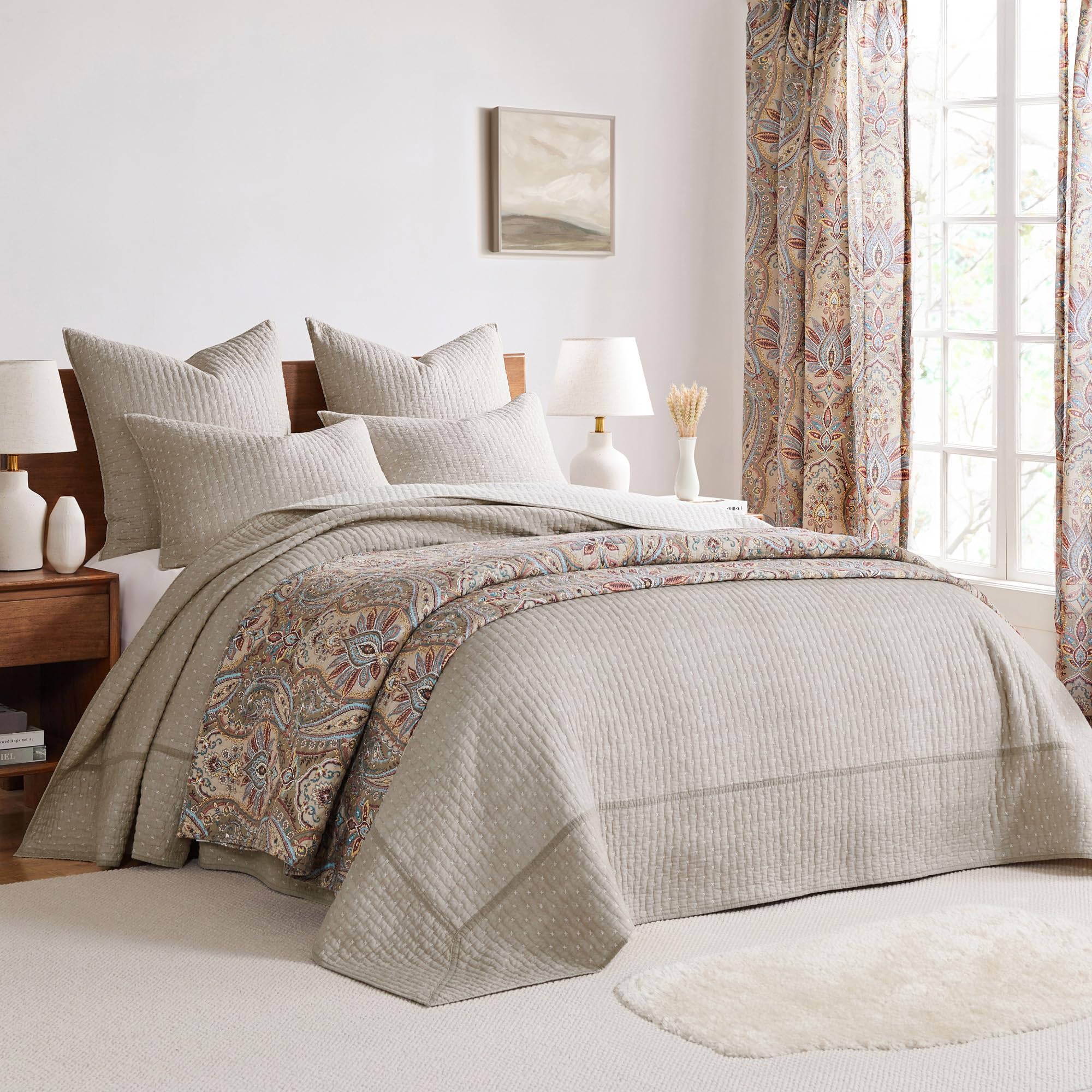 Levtex Home King Size Taupe Cross Stitch Quilted Bedspread Set with 2 Shams - 120x104 Inch Bedspread & 20x36 Inch Shams - Soft Cotton Bedding for Cozy Bedroom Decor - Perfect for Master Bedrooms, Guest Rooms & Farmhouse Style Homes