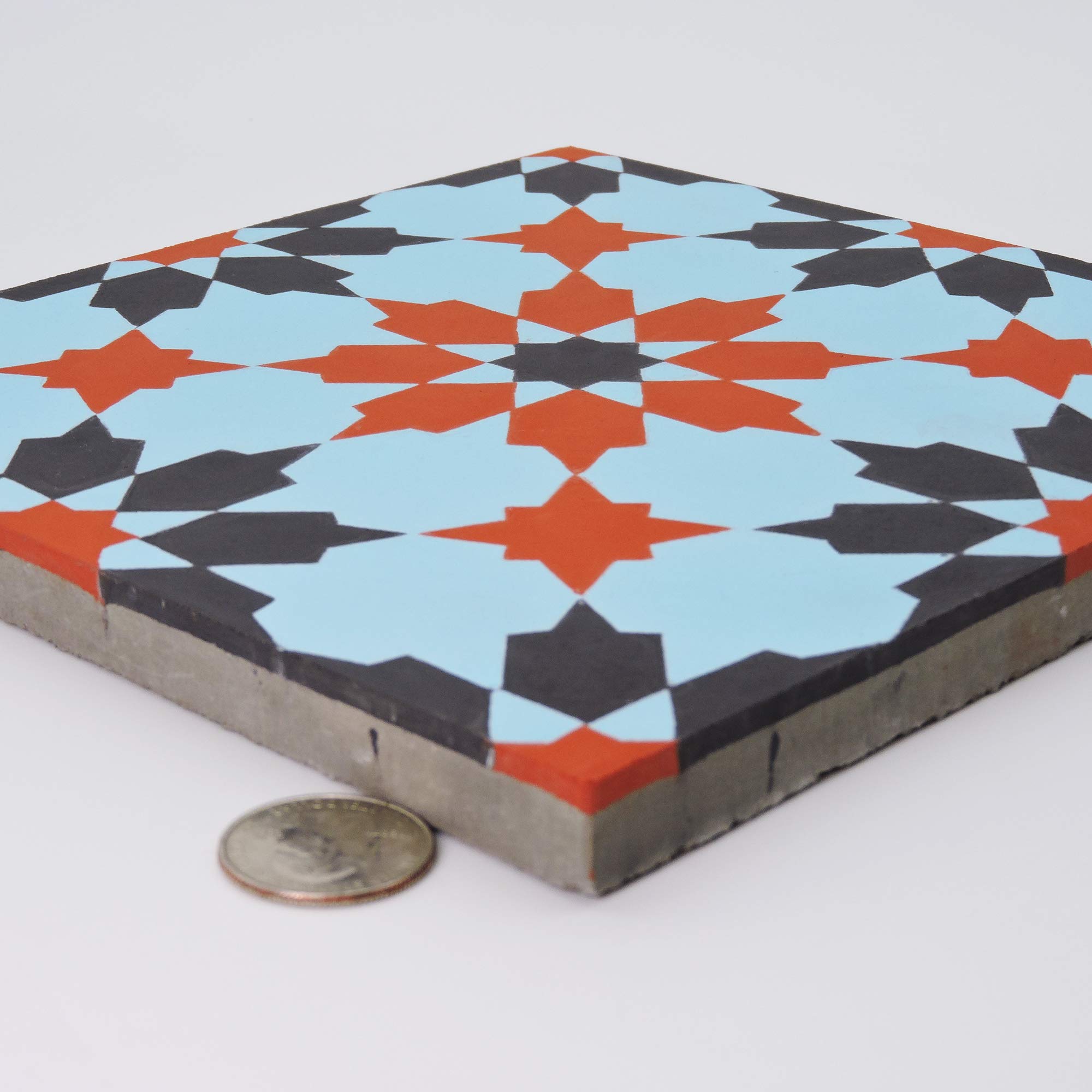 Handmade Moroccan Cement Mosaic Tiles - Pack of 12 (Blue, Red, Black) - Authentic Ahfir Design for Kitchen Backsplash, Bathroom Floor & Wall Decor