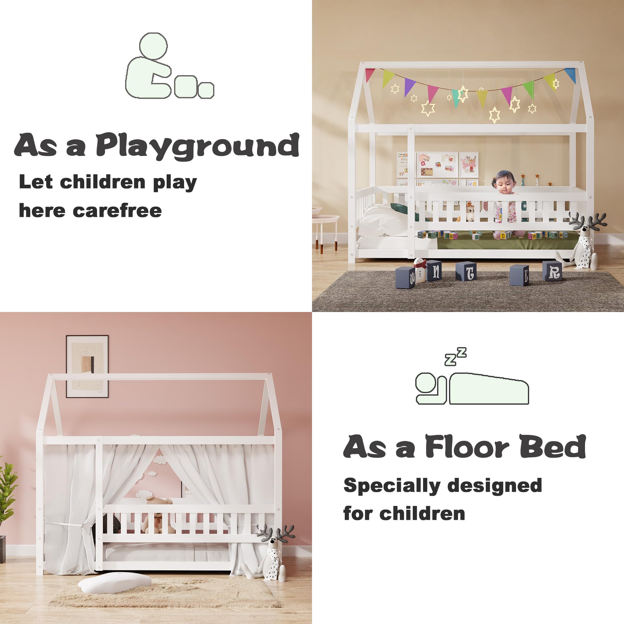 Montessori Twin Size Wooden Floor Bed with High Safety Fence & Slats - House Style Kids Bed for Boys & Girls, No Box Spring Required, Easy Assembly, White - Perfect for Montessori Rooms, Toddler Bedrooms & Play Areas