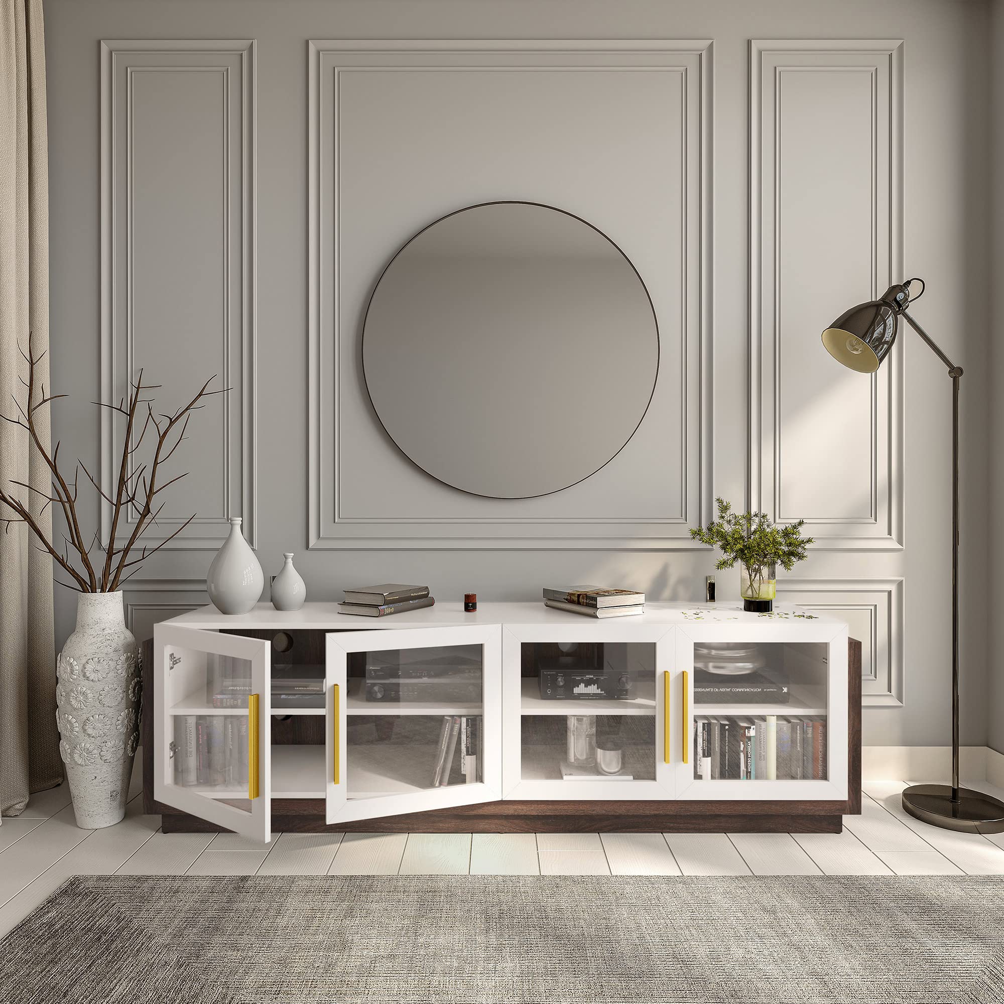 BELLEZE 70 Inch TV Stand for 75 Inch TVs - Modern Wood Entertainment Center with Storage Shelves, Media Console Cabinet for Living Room & Bedroom - White Brixston Style | Perfect for Home Theater Setup & Living Room Organization