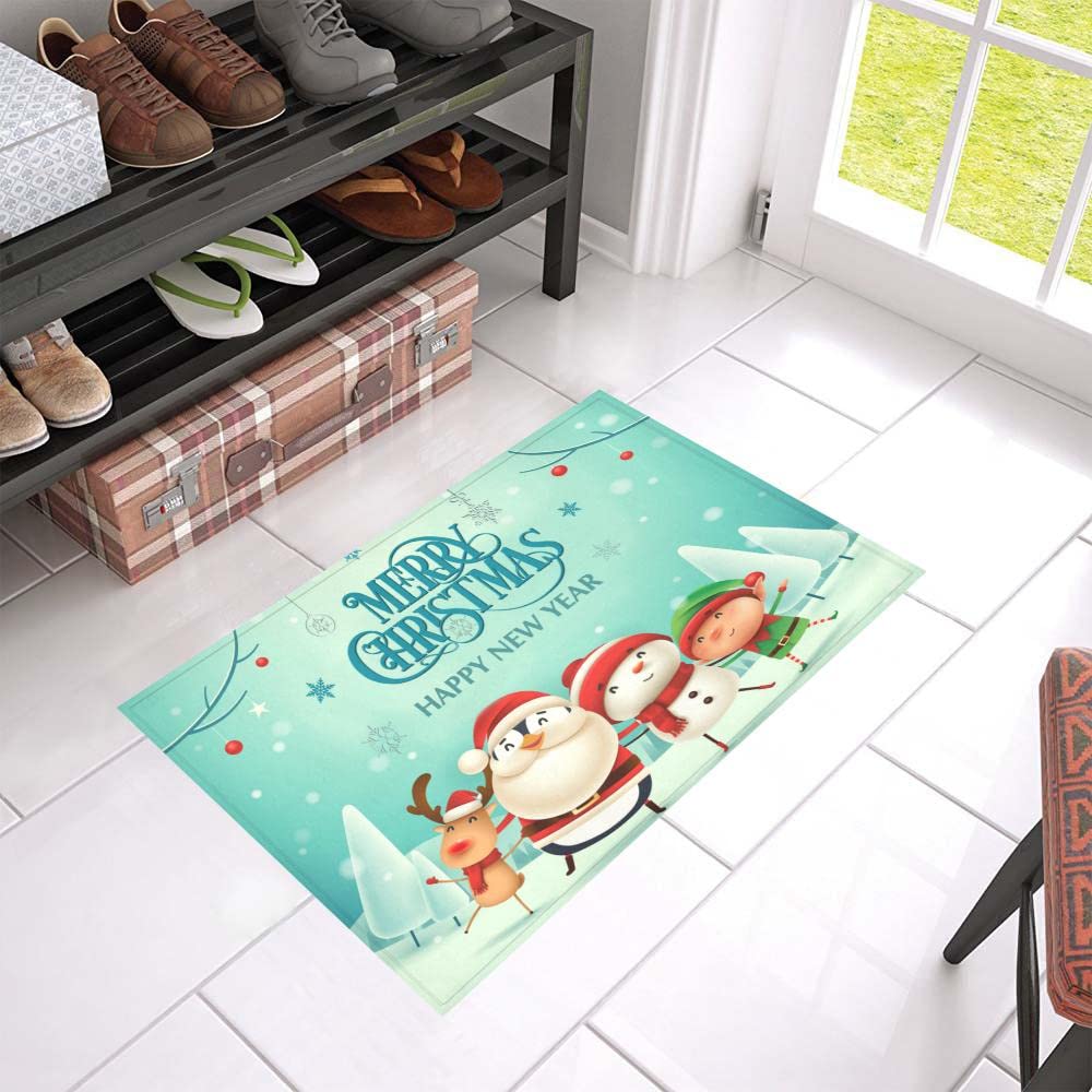 Camcam Merry Christmas and Happy New Year Doormat - Vintage Snow Pattern with Santa & Snowman Design - Washable Non-Slip Indoor/Outdoor Entrance Rug - Perfect for Holiday Decor, Front Door Welcome Mat & Cozy Home Entrance