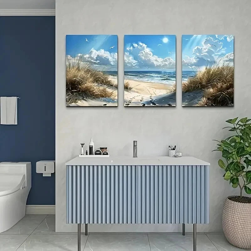 3-Piece Coastal Landscape Metal Wall Art with Blue Ocean - Ready to Hang Home Decor for Living Room, Bedroom & Office