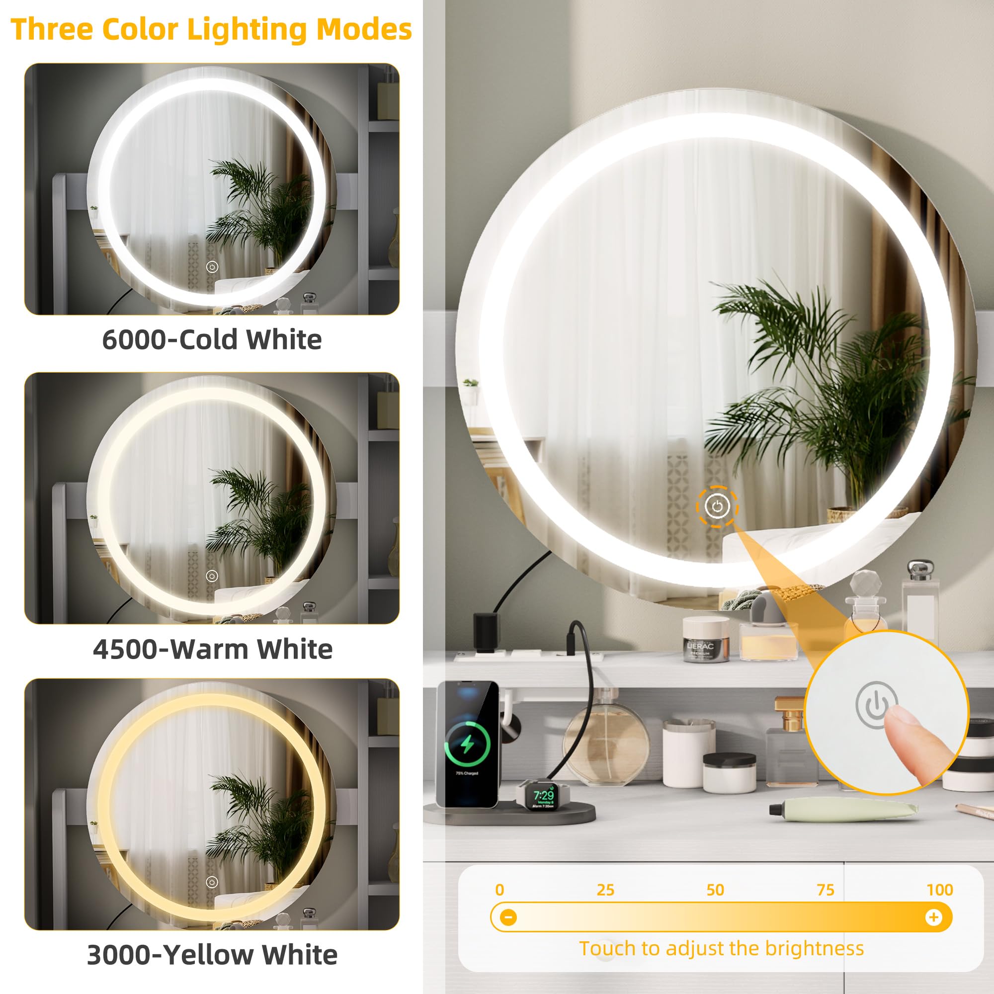 DWVO Vanity Desk with Mirror and LED Lights - Makeup Vanity Table Set with Power Outlets, Stool & 3 Lighting Modes - White Dressing Table with 3 Drawers & Storage Shelves for Bedroom - Perfect for Makeup Application, Skincare Routine & Home Decor