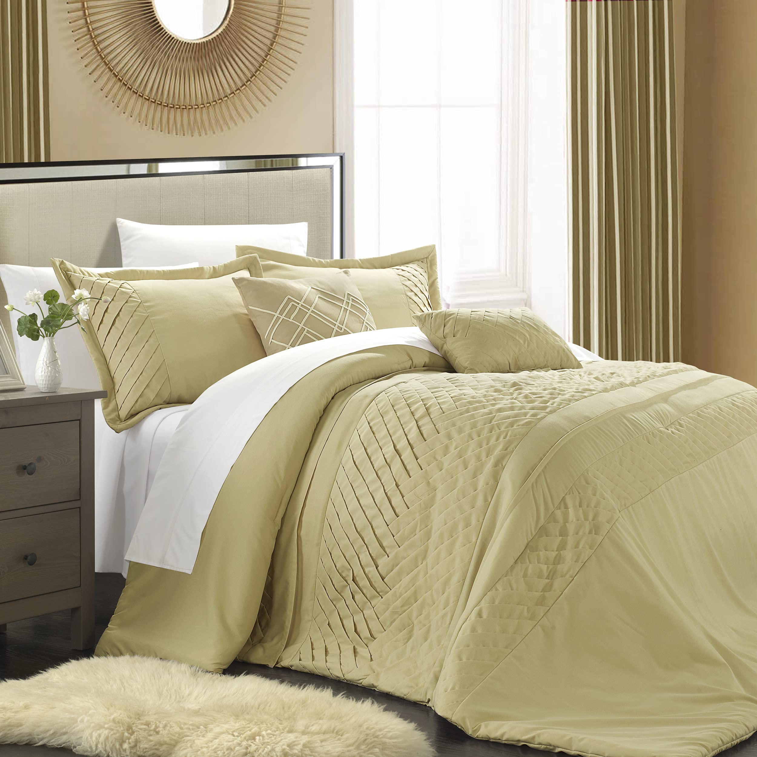Chic Home 5-Piece Carina Pleated Handmade Comforter Set - Queen Size, Champagne Color | Luxury Bedding for Master Bedroom, Guest Room & Airbnb