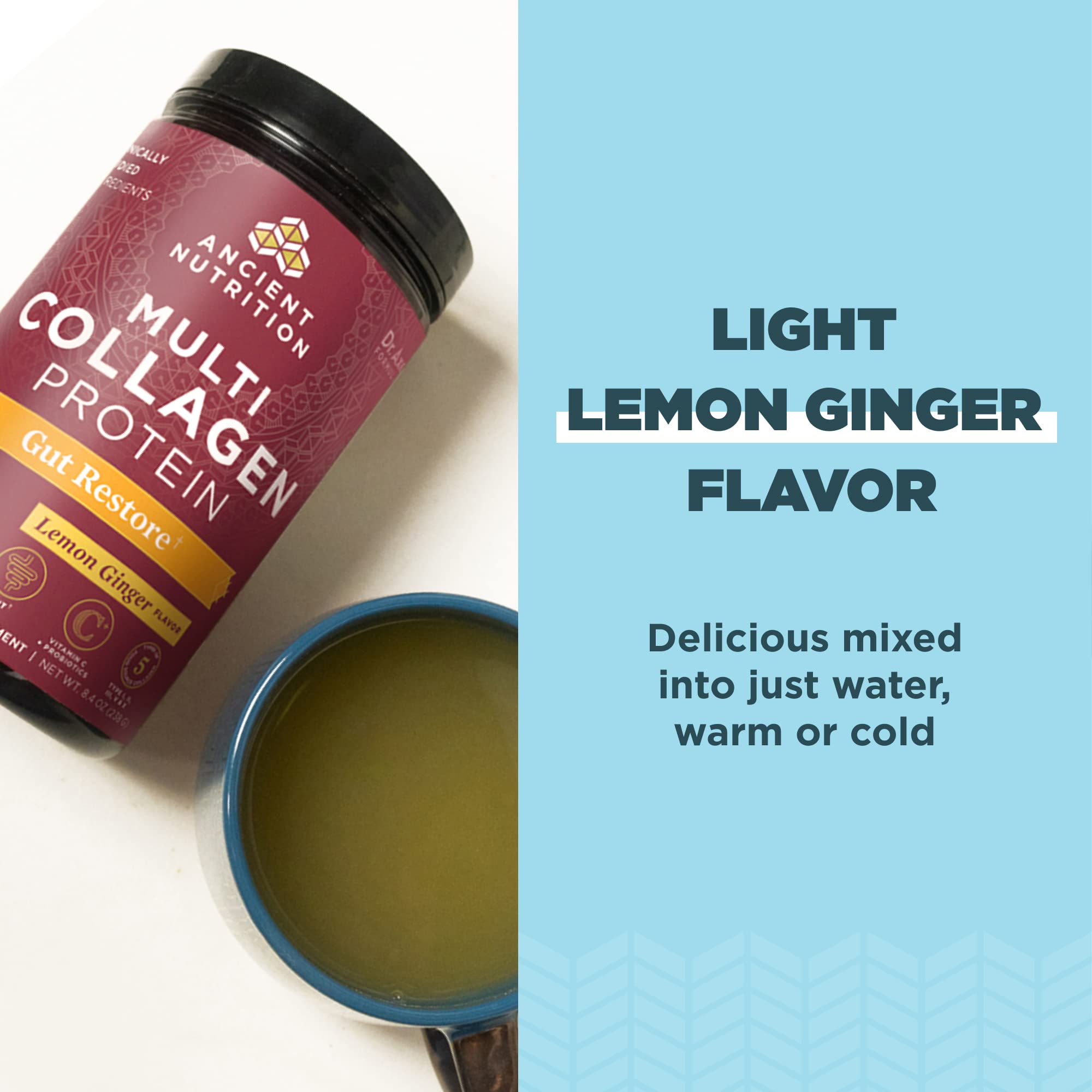 Ancient Nutrition Multi Collagen Protein Powder with Hydrolyzed Collagen Peptides - Supports Healthy Hair, Skin & Nails - Gut Restore Formula with Lemon Ginger, Apple Cider Vinegar & Vitamin C - 8.4 oz - Perfect for Daily Wellness Routine & Post-Workout Recovery