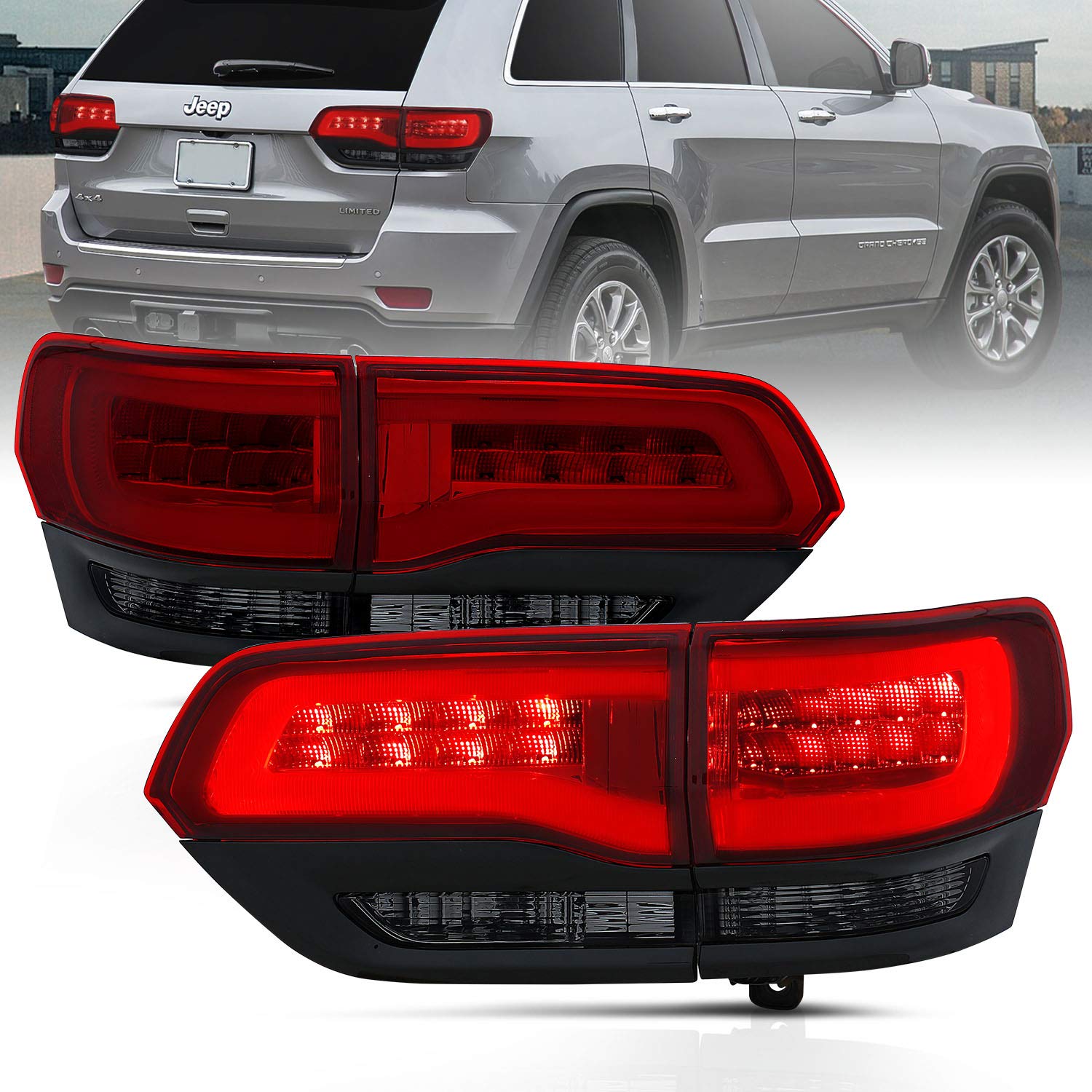 2014-2017 Jeep Grand Cherokee LED Tail Lights - Red/Smoke/Black LED Bar with Brake & Turn Signals (4-Piece Set for Passenger & Driver Side) | Durable Replacement for Off-Road & Night Driving