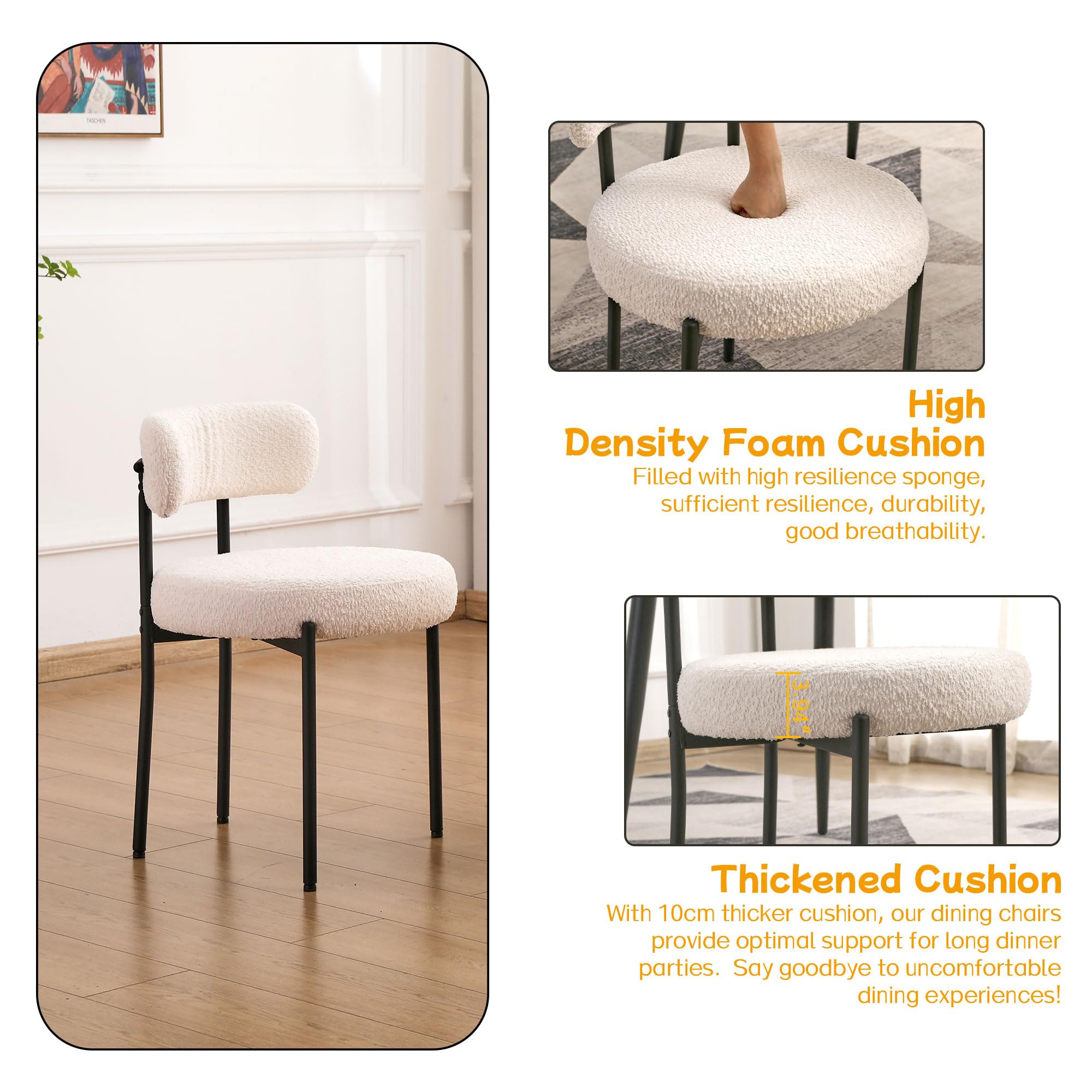 EDWELL White Dining Chairs Set of 2 - Modern Mid Century Kitchen Chairs with 3.94