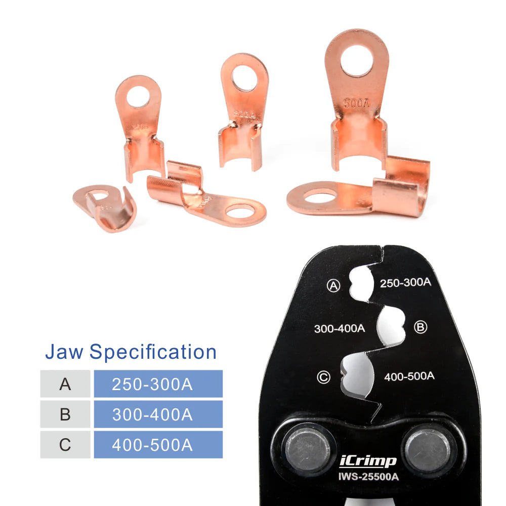 IWS 8200A Professional Battery Cable Crimper Tool for AWG9 2 Open Barrel Lug Terminals - Lead Free OEM Quality - Perfect for Automotive, Marine, and Solar Power Applications