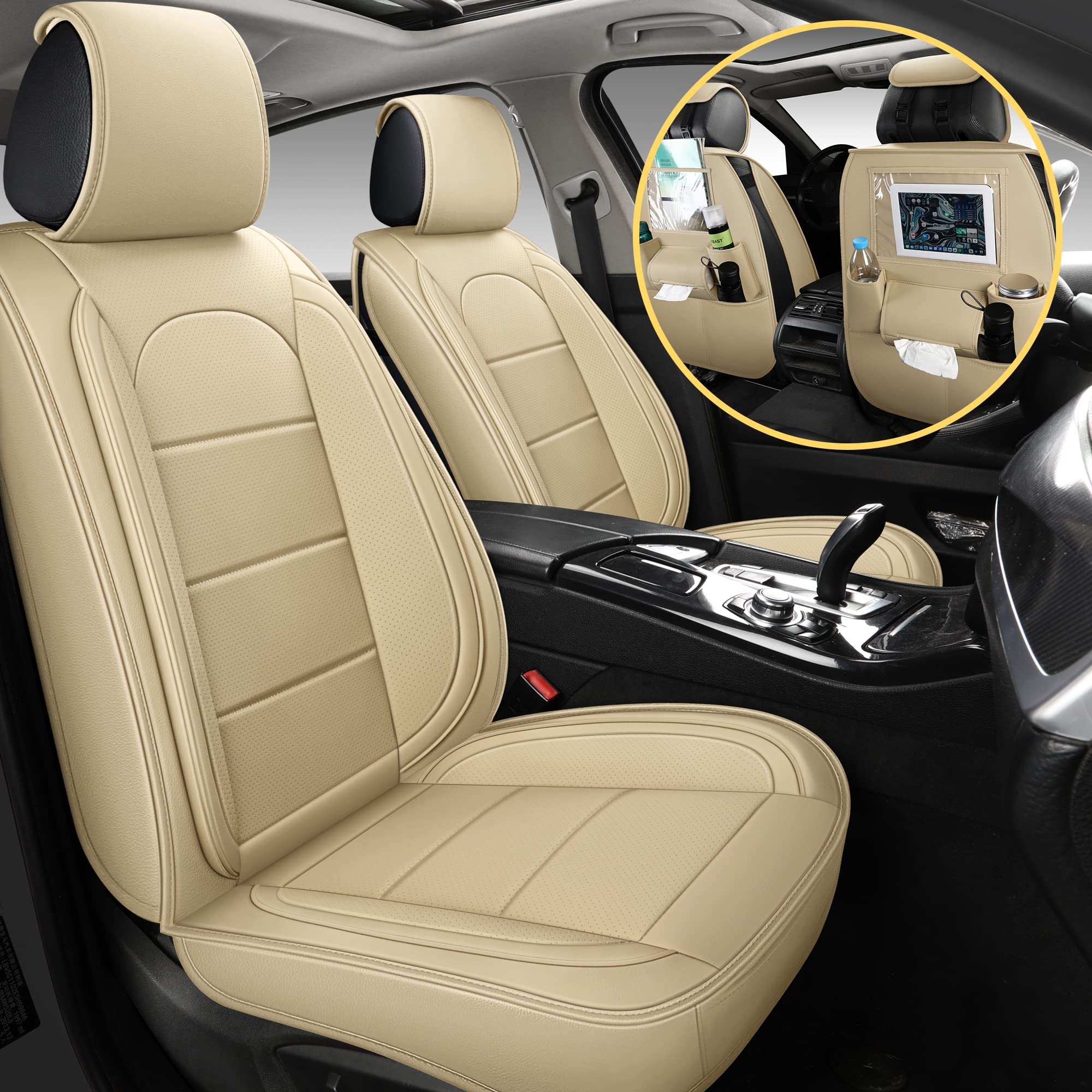 Premium AOOG Leather Car Seat Covers with Backseat Organizer - Universal Fit for Most Sedans, SUVs & Trucks (Front Pair, Beige) | Durable Protection & Comfort for Daily Commute, Road Trips & Family Travel