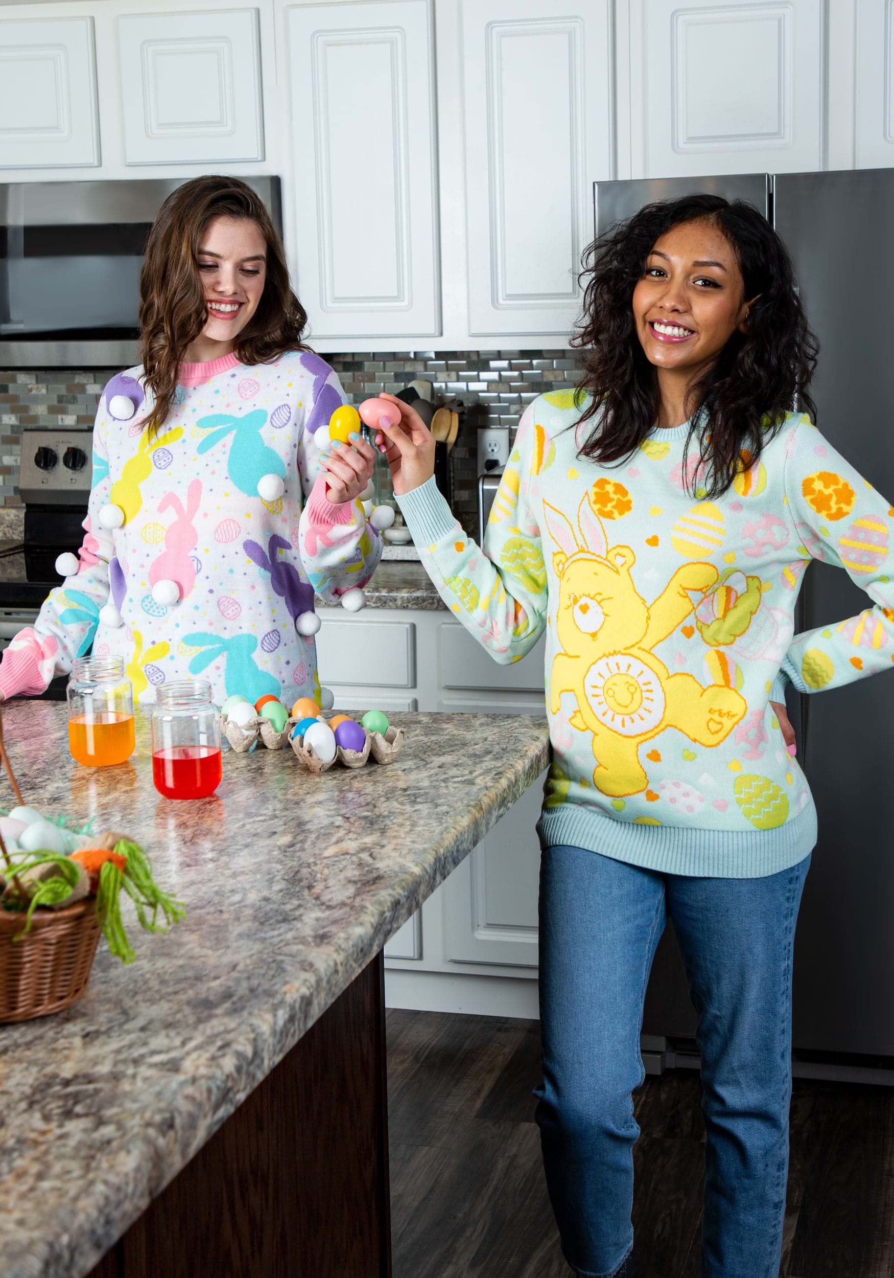 Officially Licensed Adult Care Bears Easter Egg Hunt Pullover Sweater - Funshine Bear Ugly Christmas Sweater for Men & Women | Holiday Party, Cosplay, Gift