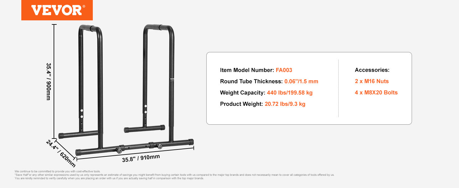 VEVOR Heavy Duty Adjustable Height Dip Bar Station - 440/500lbs Capacity for Strength Training, Calisthenics & Home Gym Workouts - Perfect for Pull-ups, Dips & Bodyweight Exercises
