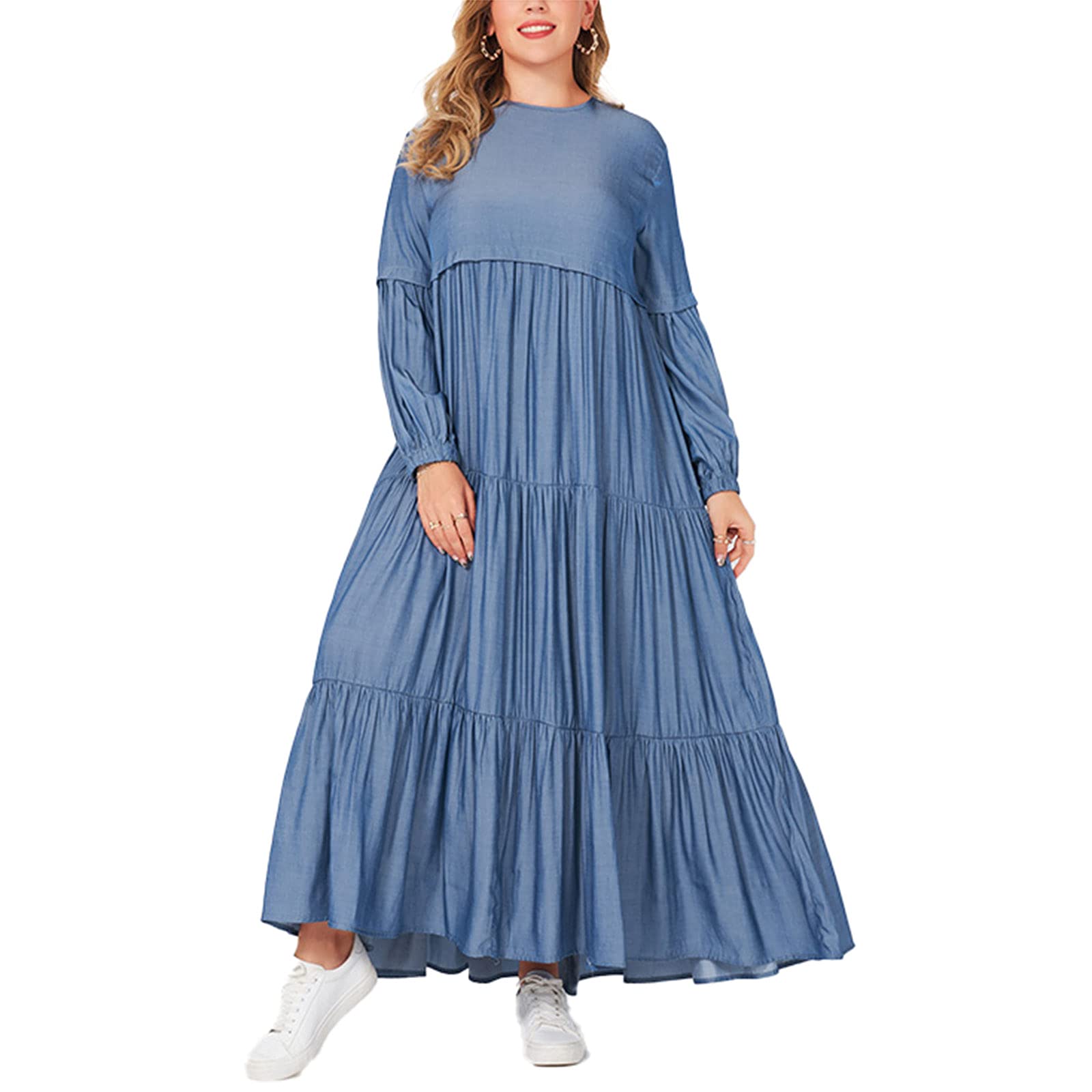 Elegant Summer Women's Long Dress with O-Neck & Pleated Cake Design - Plus Size Long Sleeve Maxi Dress for Beach, Wedding & Casual Outings