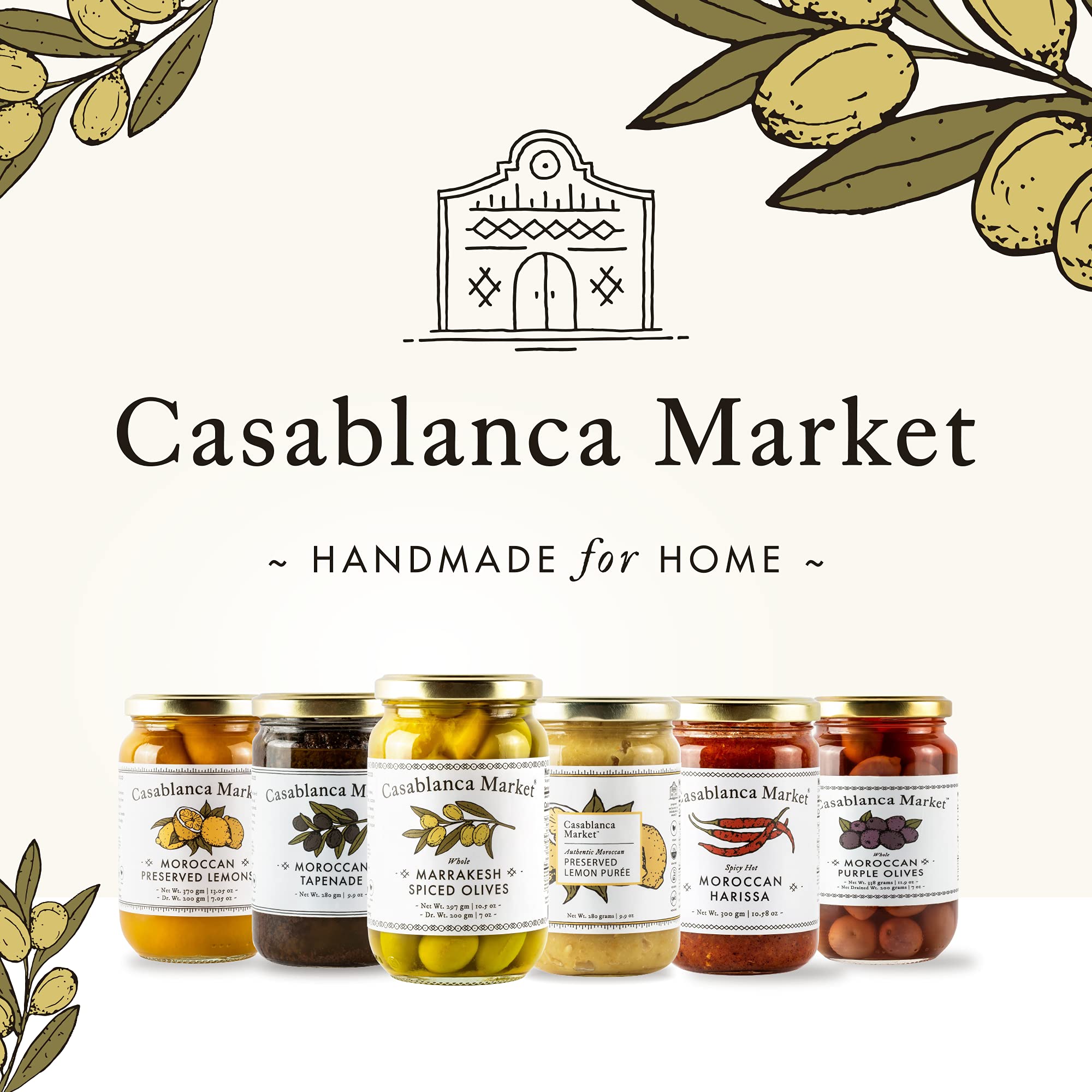 Casablanca Market Marrakesh Spiced Moroccan Colossal Green Olives with Pits - Gourmet Whole Olives from Morocco | Perfect for Charcuterie Boards, Martini Garnish & Mediterranean Recipes (10.5oz)