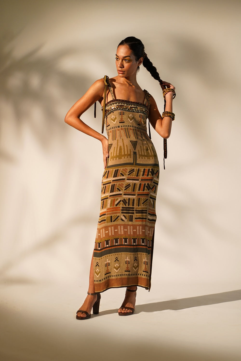 Stylish Green Aztec Print Tube Dress with Hand-Threaded Details & Wooden Embellishments | Perfect for Boho Festivals, Beach Vacations & Summer Parties