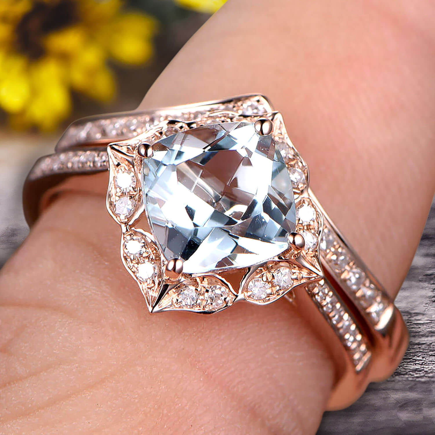 1.75 Carat Aquamarine Engagement Ring in 10k Rose Gold with V-Shape Matching Wedding Band - Halo Cushion Cut Anniversary Ring for Women | Perfect for Proposals, Weddings & Special Occasions